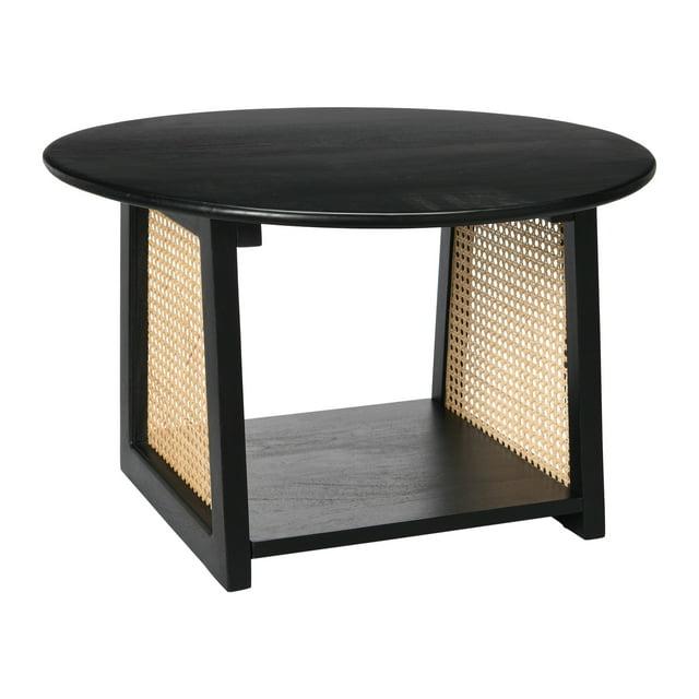 Storied Home Mango Wood and Cane Coffee Table with Shelf Black: Round, Modern, 25.75" Diameter