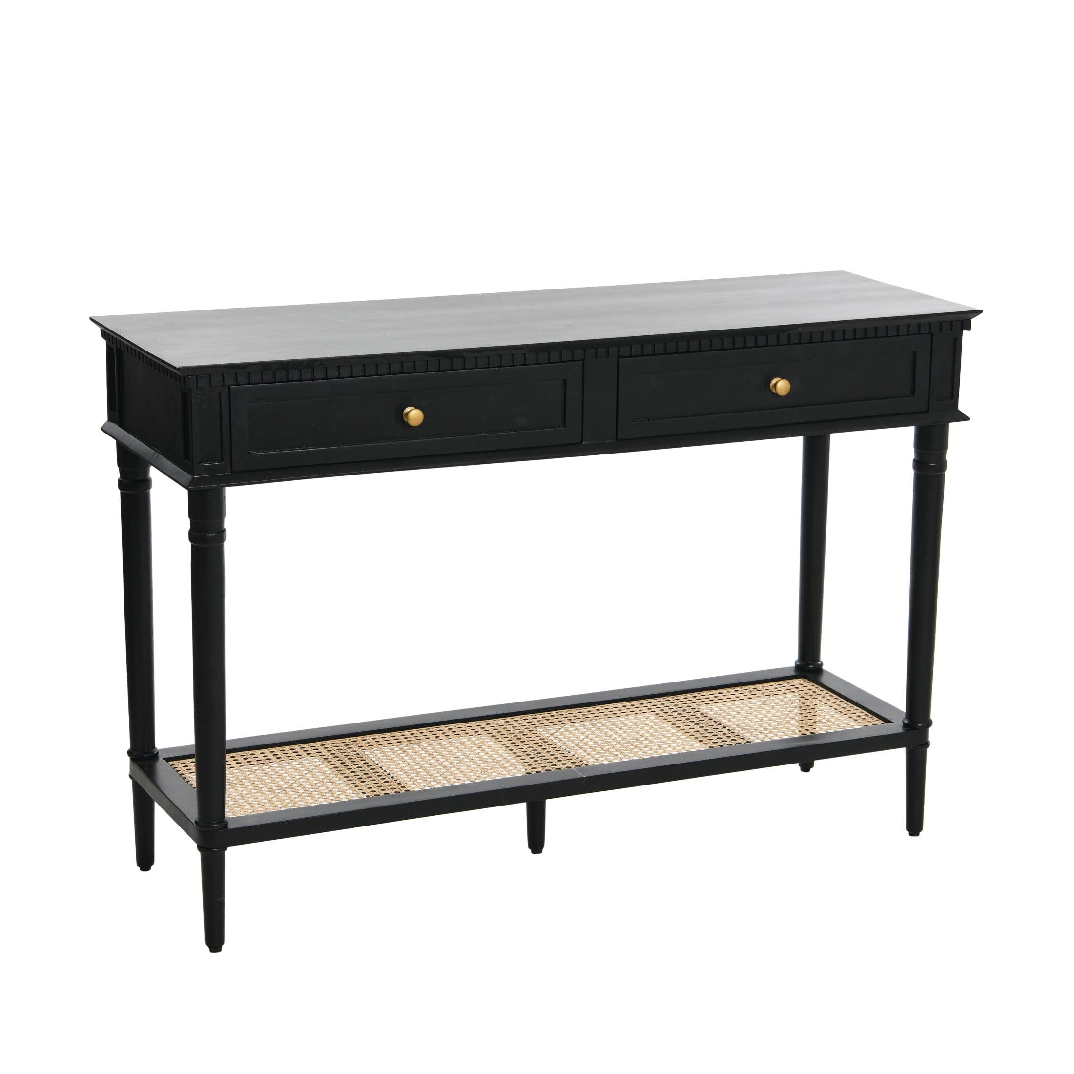 Black Acacia Wood Console Table with Cane Shelf and Storage