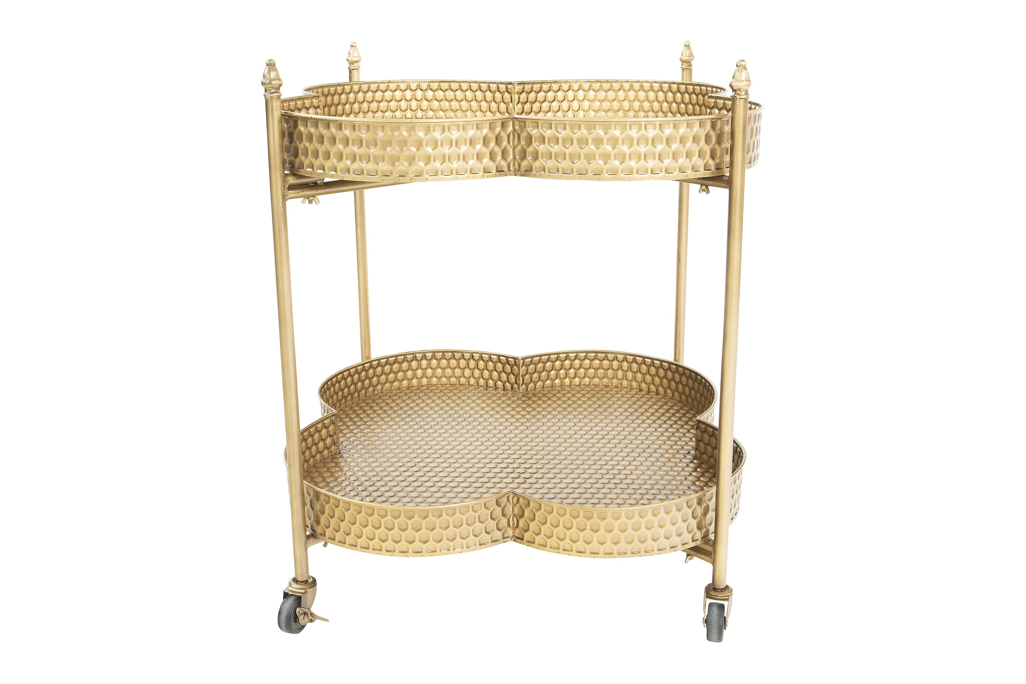Storied Home Clover Shaped 2-Tier Hammered Metal Bar Cart with Wheels Brass: Elegant Entertaining, Modern Host Essentials