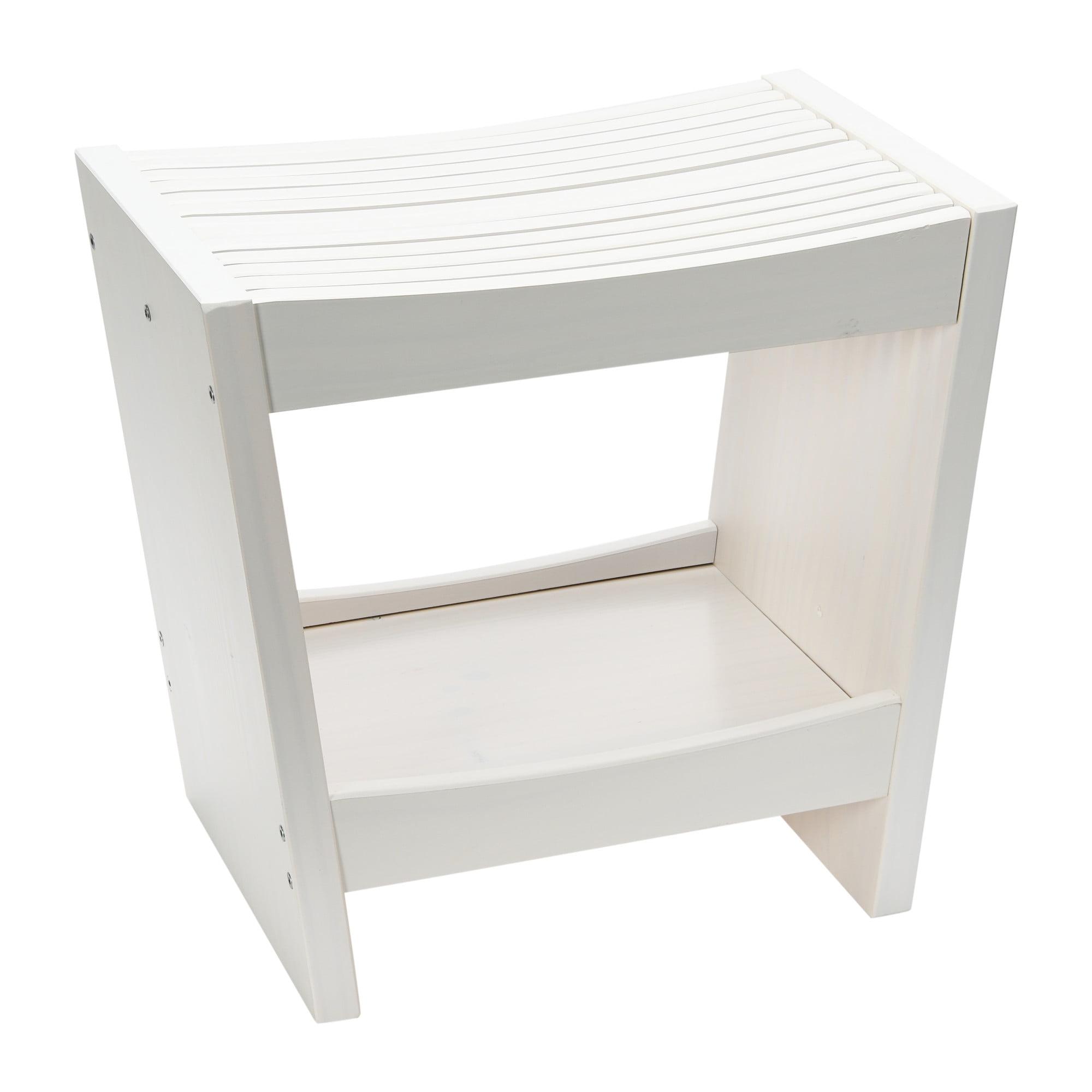 White Solid Wood Footstool with Storage Shelf