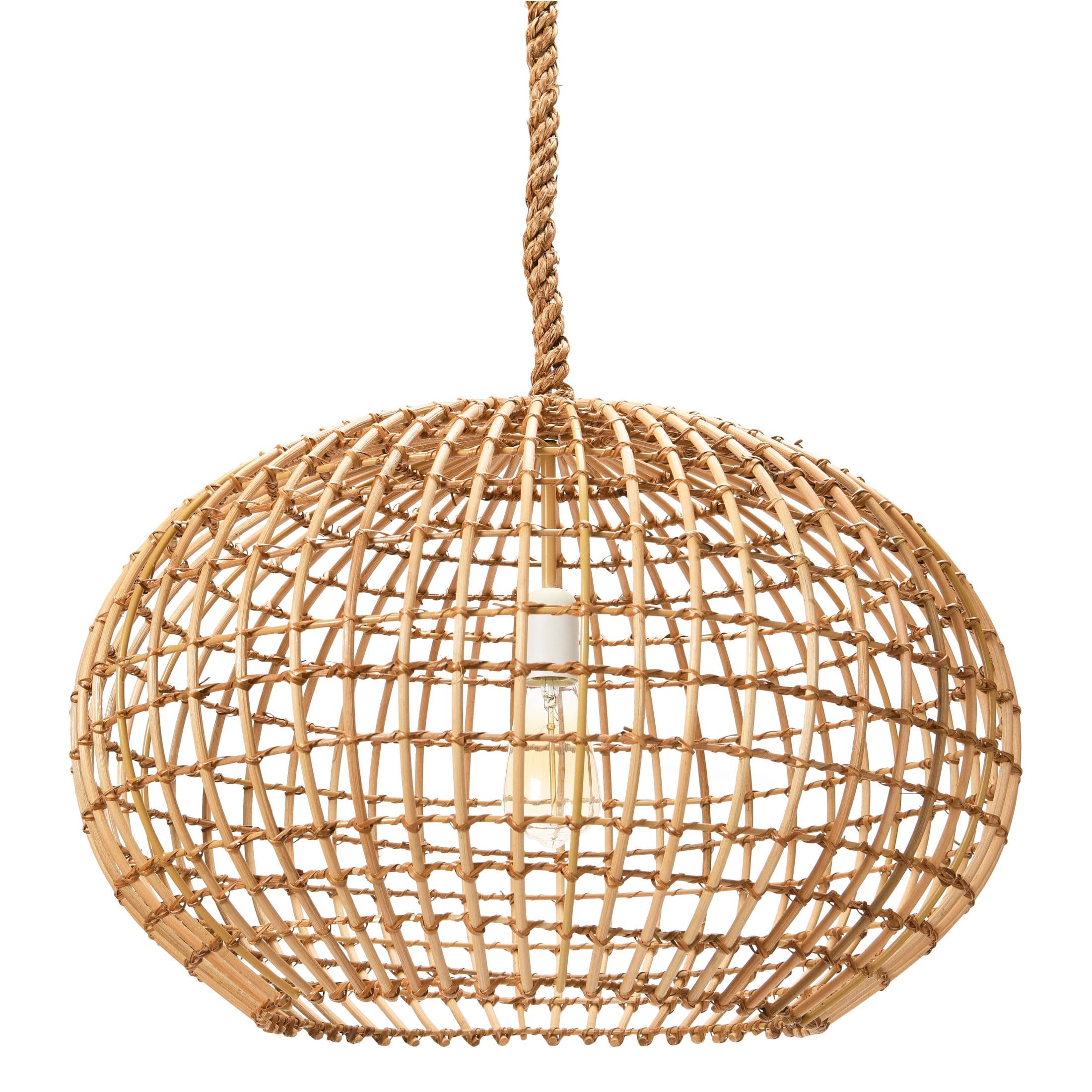 Natural Woven Wicker Globe Pendant Light with Rustic Rope Cord