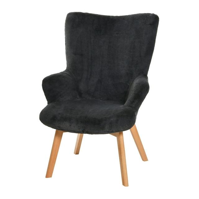 Storied Home Napster Fuzzy Plush Upholstery Wingback Arm Chair with Solid Wood Legs, Dark Grey and Natural