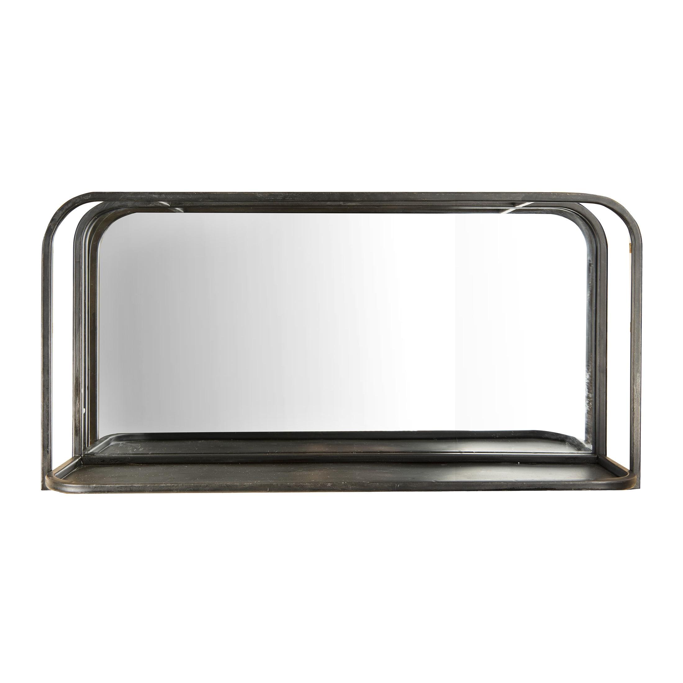 Black Rectangular Metal Wall Mirror with Shelf