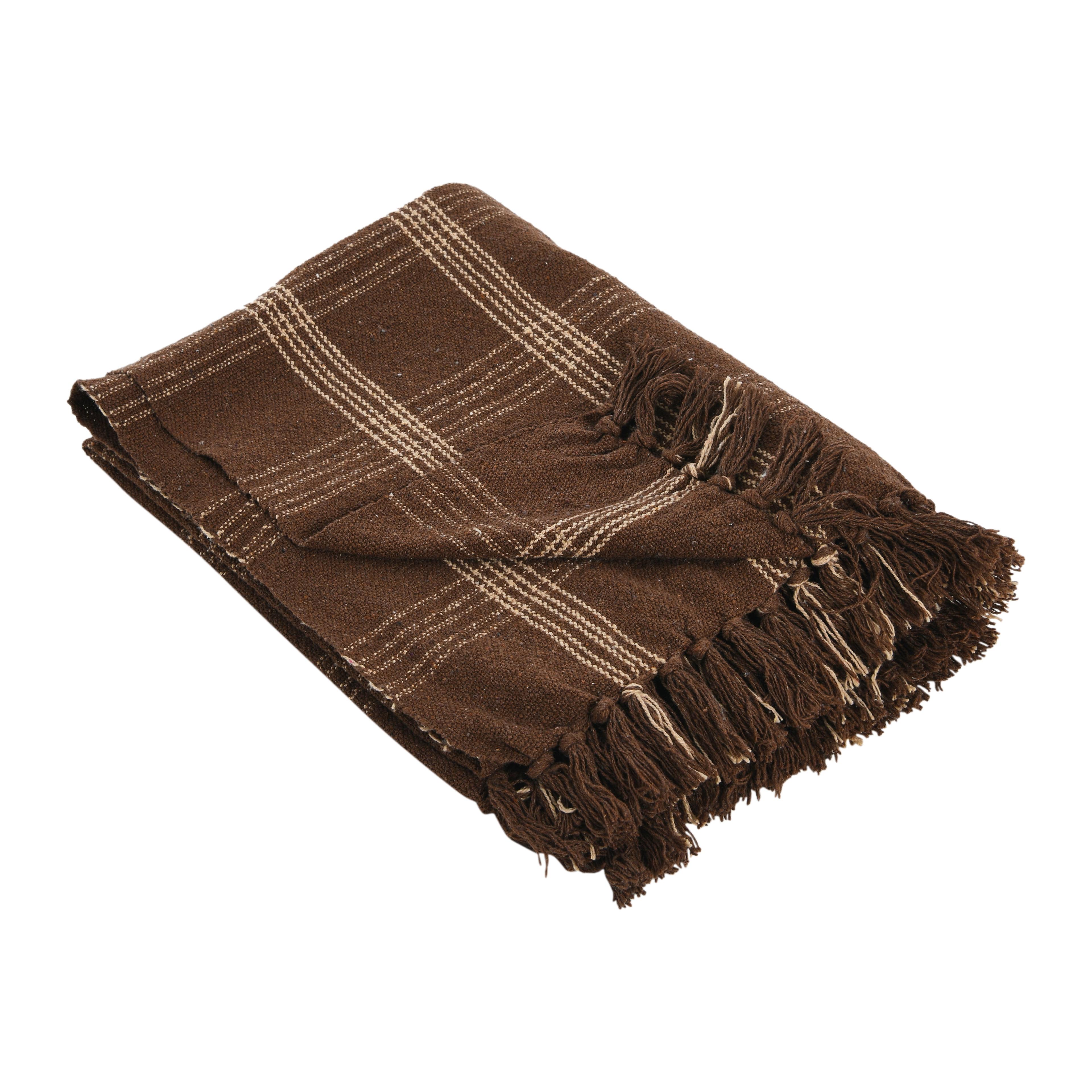 Brown Plaid Recycled Cotton Blend Throw Blanket with Fringe