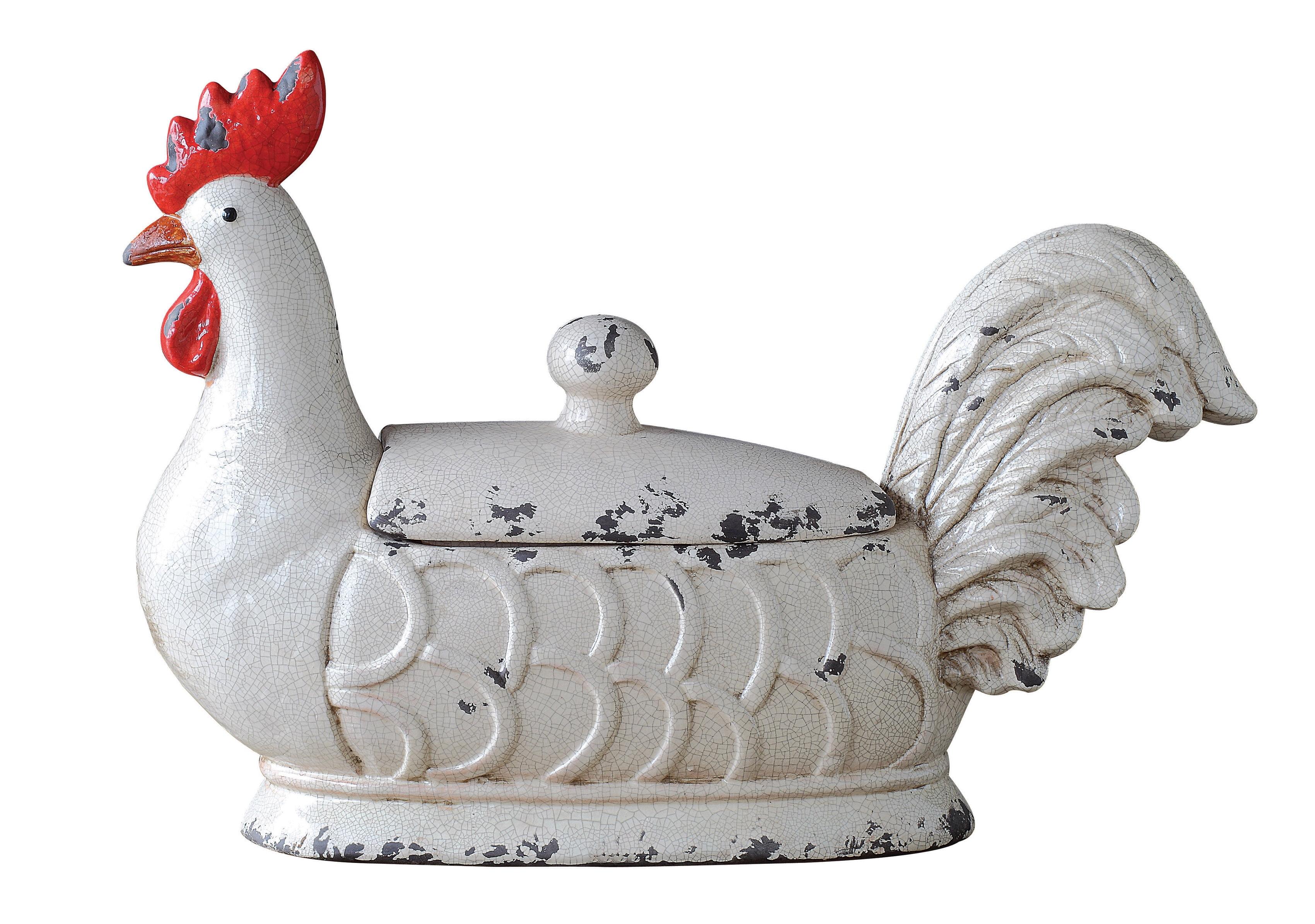 Decorative Stoneware Rooster Container with Lid and Distressed Finish