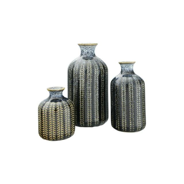 Creative Co-Op Round Embossed Stoneware Vase with Vertical Lines and Reactive Glaze Finish, Blue, Set of 3