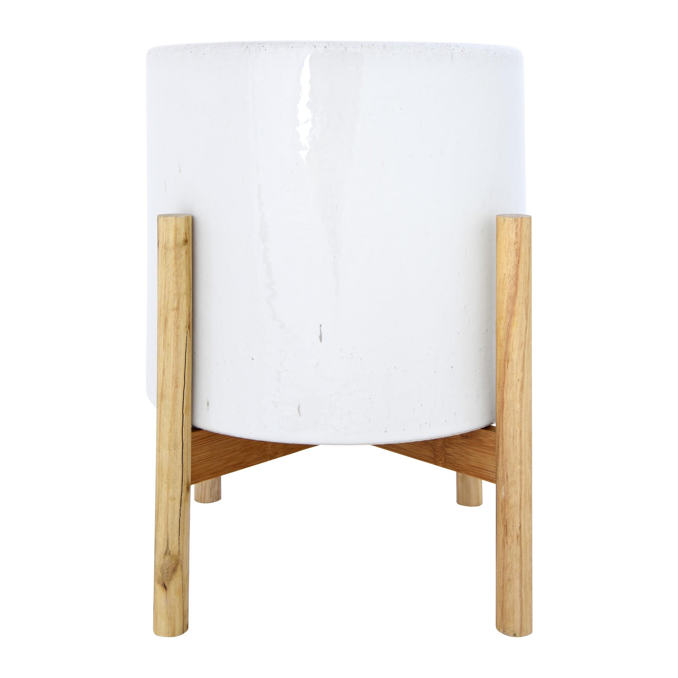 Creative Co-Op Round Stoneware Planter on Wood Holder (Set of 2 Pieces/Holds 10" Pot)