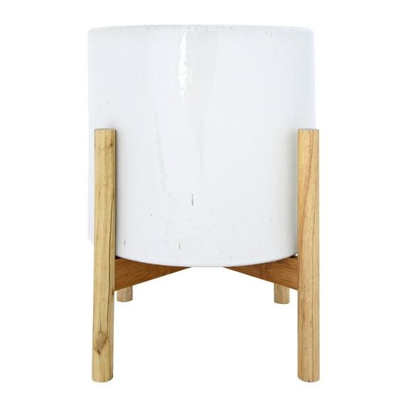 Creative Co-Op Round Stoneware Planter on Wood Holder (Set of 2 Pieces/Holds 10" Pot)