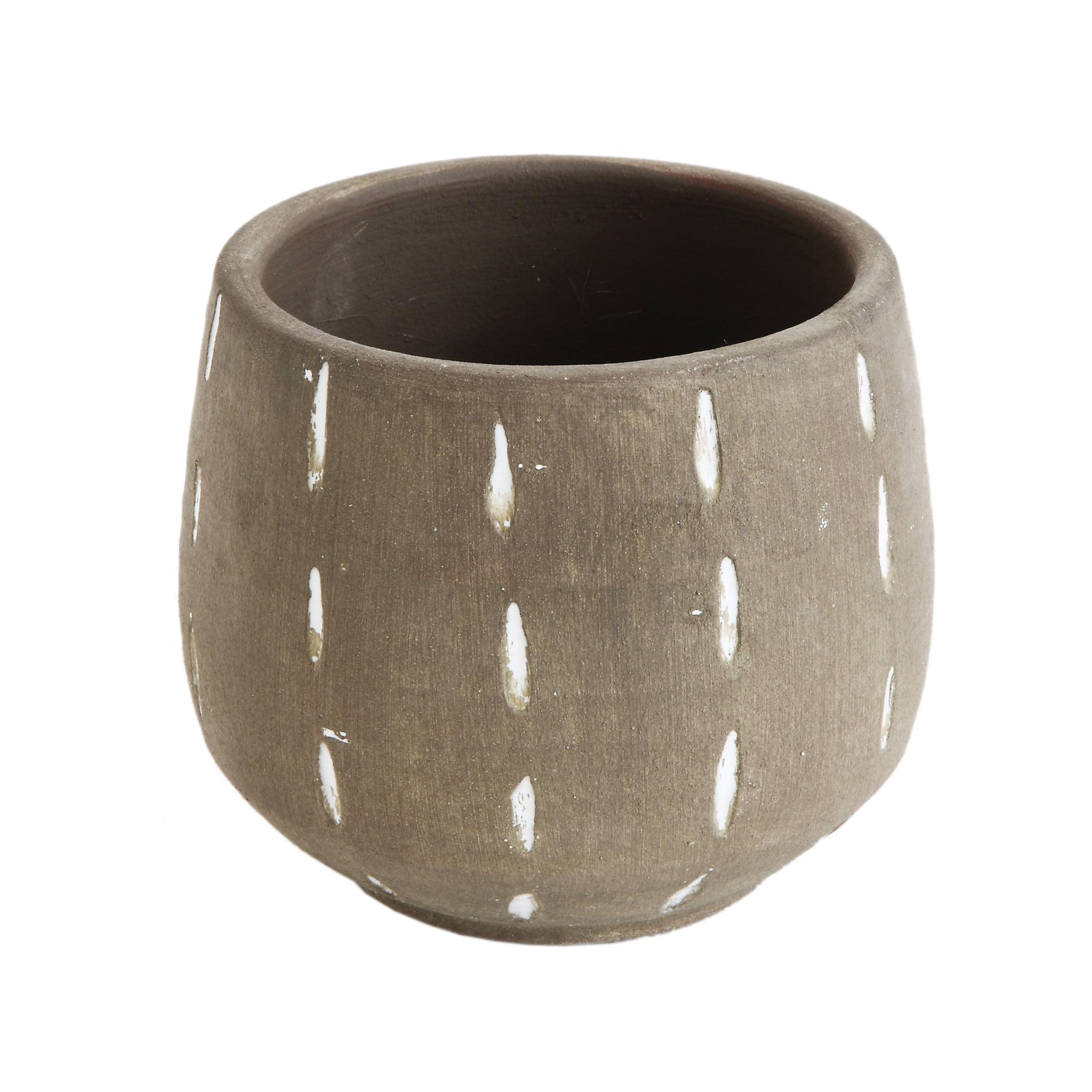 Creative Co-Op Round Terracotta Planter with Hand Painted Lines and Glazed Finish, Grey