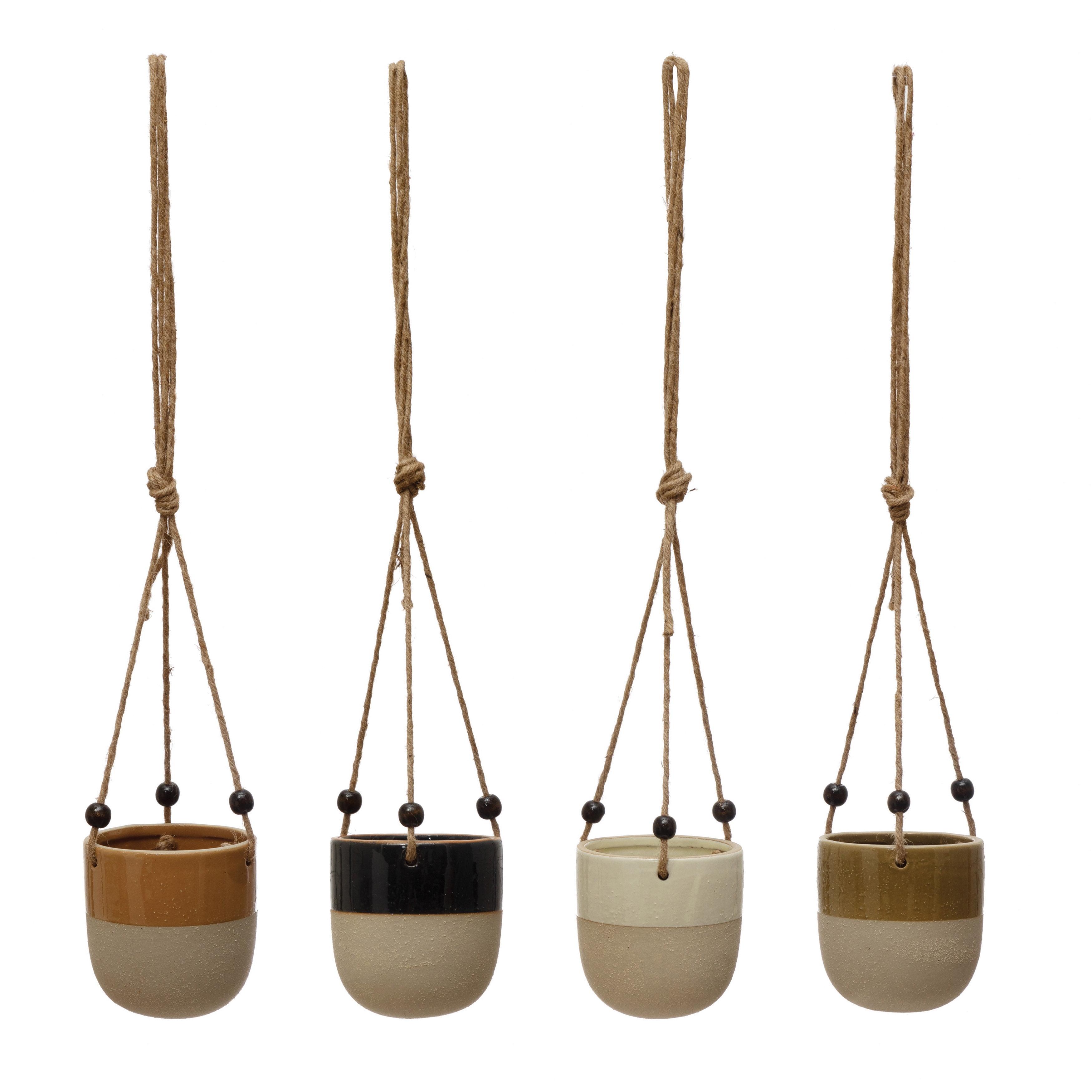 Set of 4 Multicolor Stoneware Hanging Planters with Jute Rope and Wood Beads