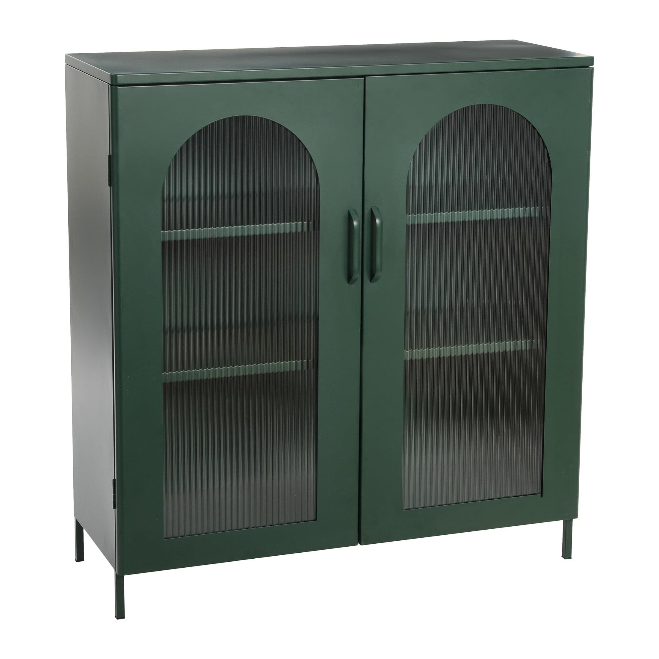 Dark Green Metal Cabinet with Arched Glass Doors and Adjustable Shelves