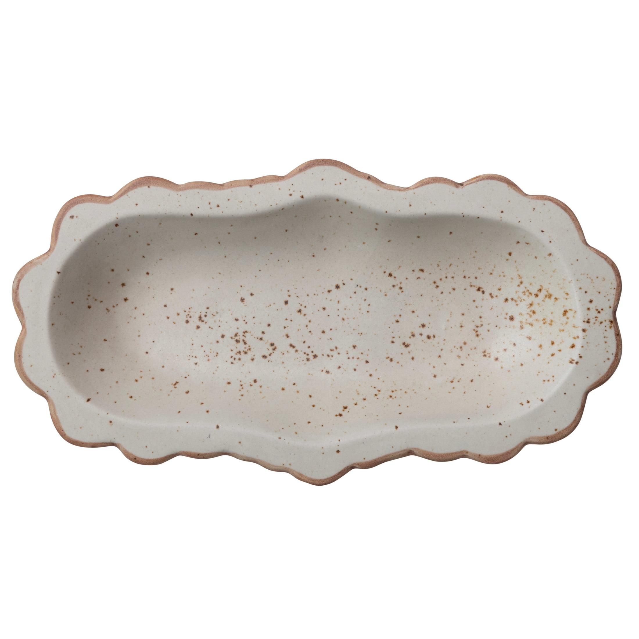 Ivory and Brown Speckled Ceramic Scalloped Oval Platter