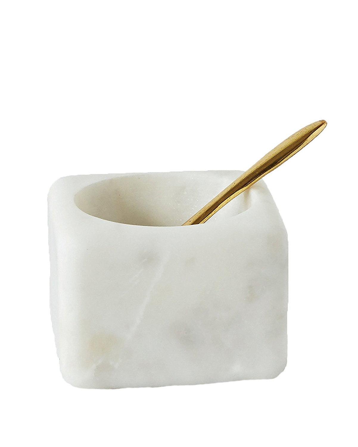 Square White Marble Bowl with Brass Spoon Set