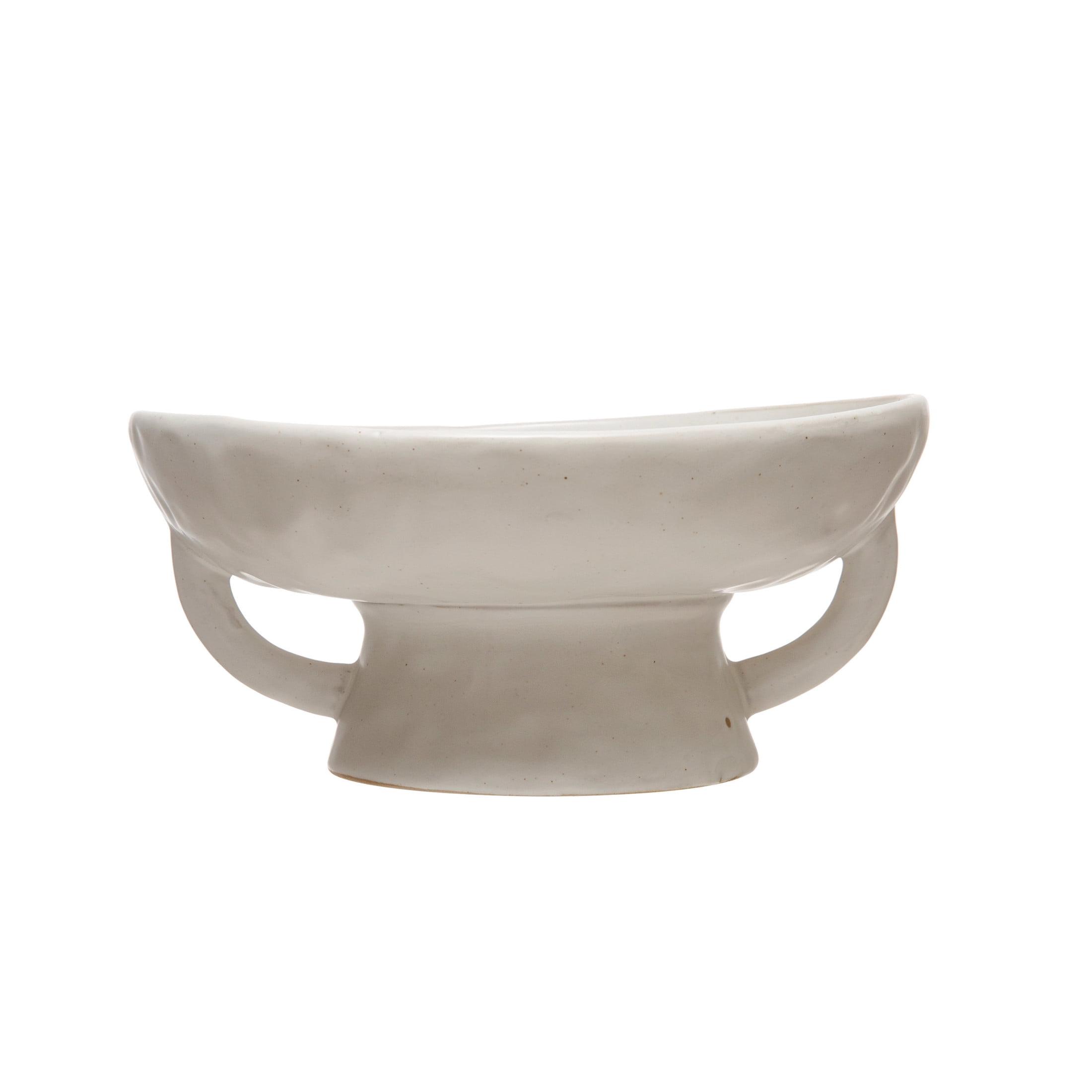 Creative Co-Op Stoneware Footed Pedestal/Bowl with Handles, Reactive Glaze, White