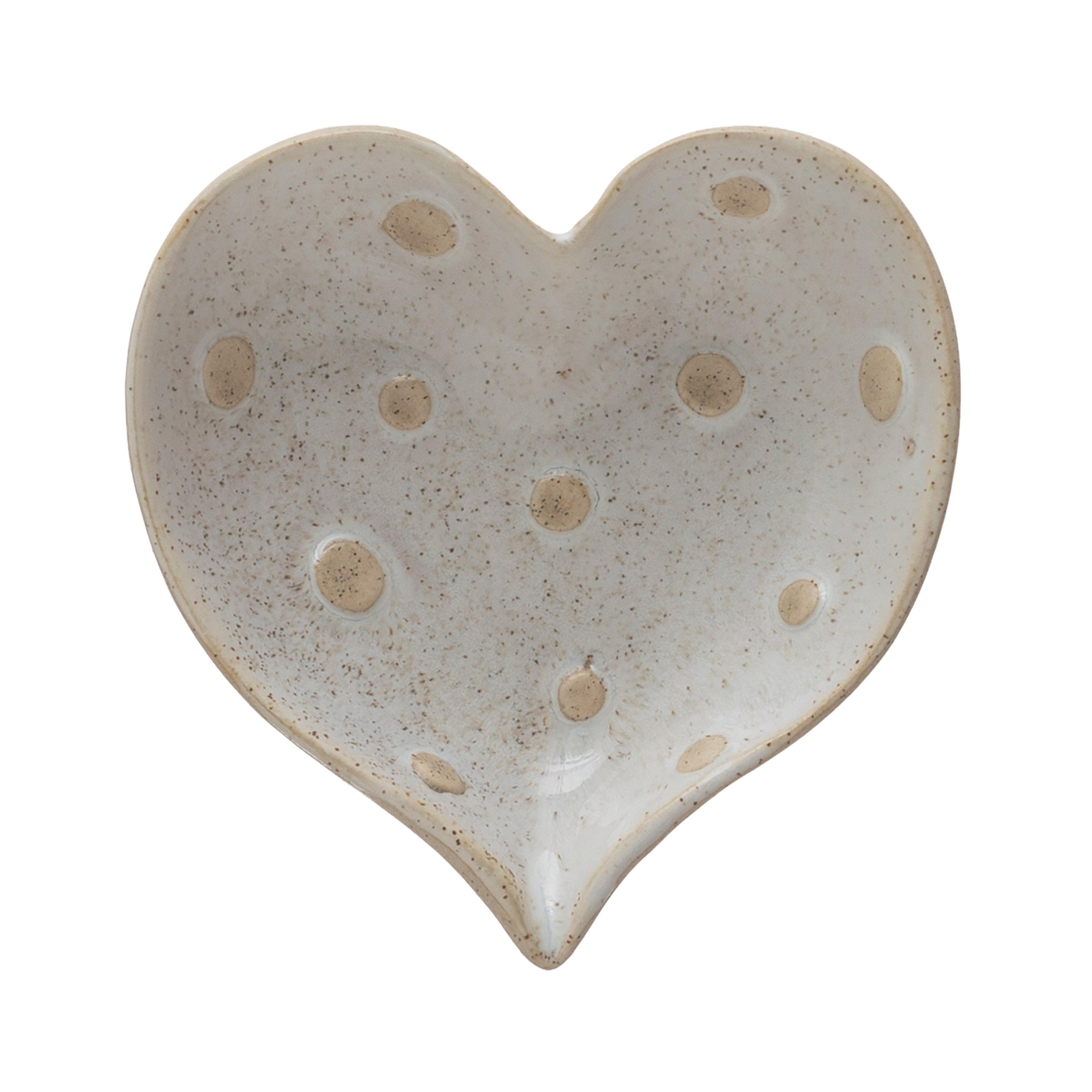 Cream Stoneware Heart Shaped Dish with Dots, Set of 12