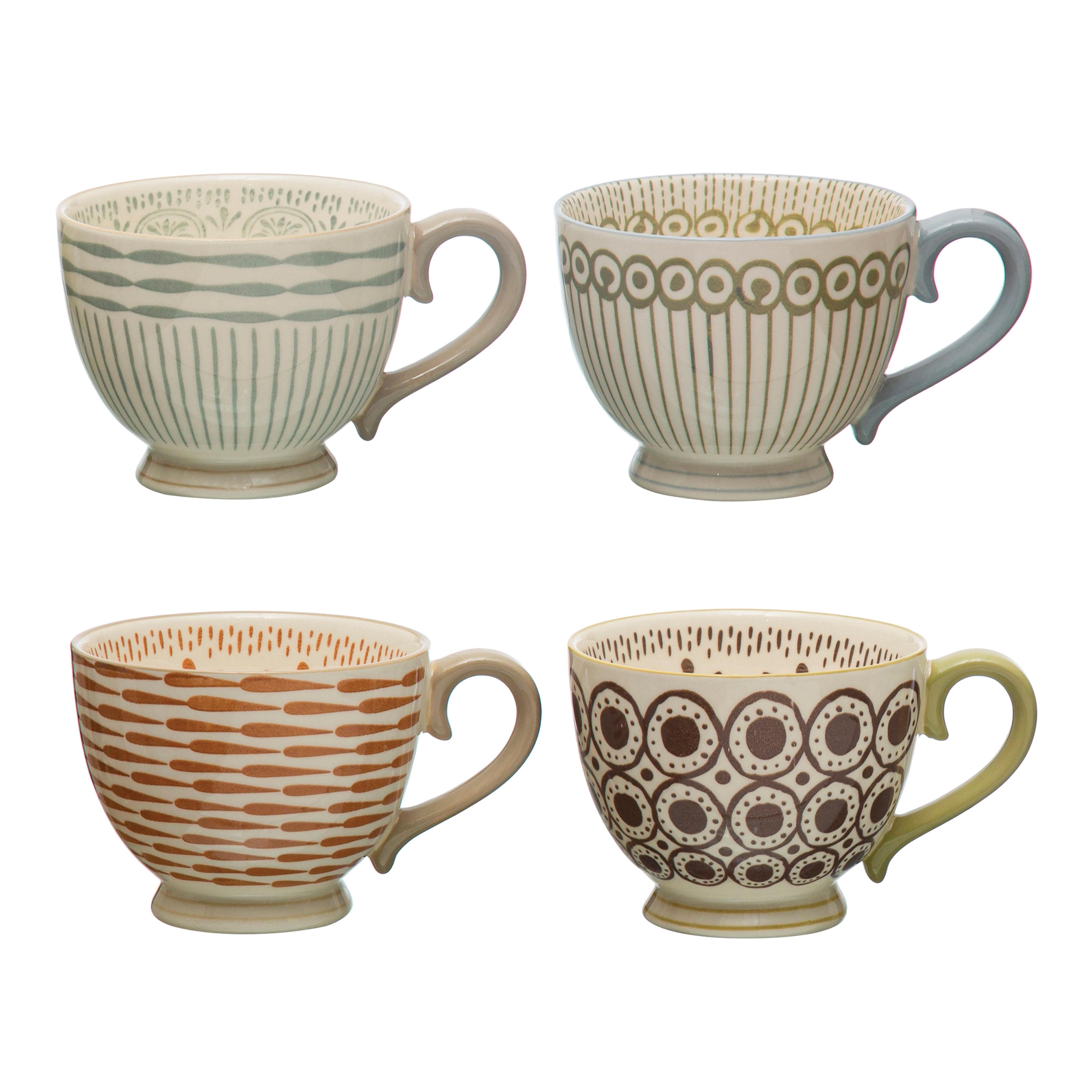 Multicolor Ceramic Stoneware Mugs with Painted Patterns, Set of 4