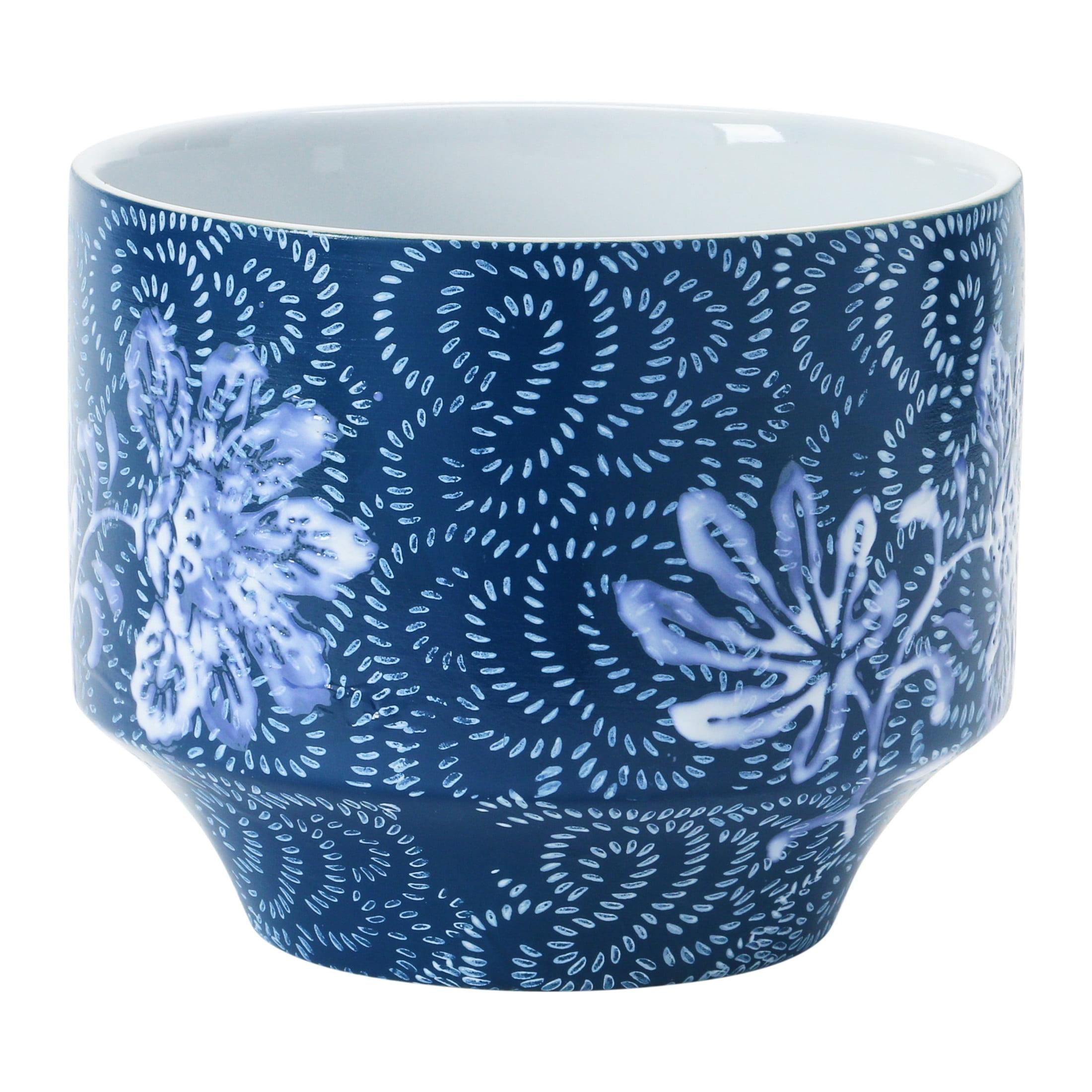 Blue and White Floral Stoneware Planter for 4" Pots