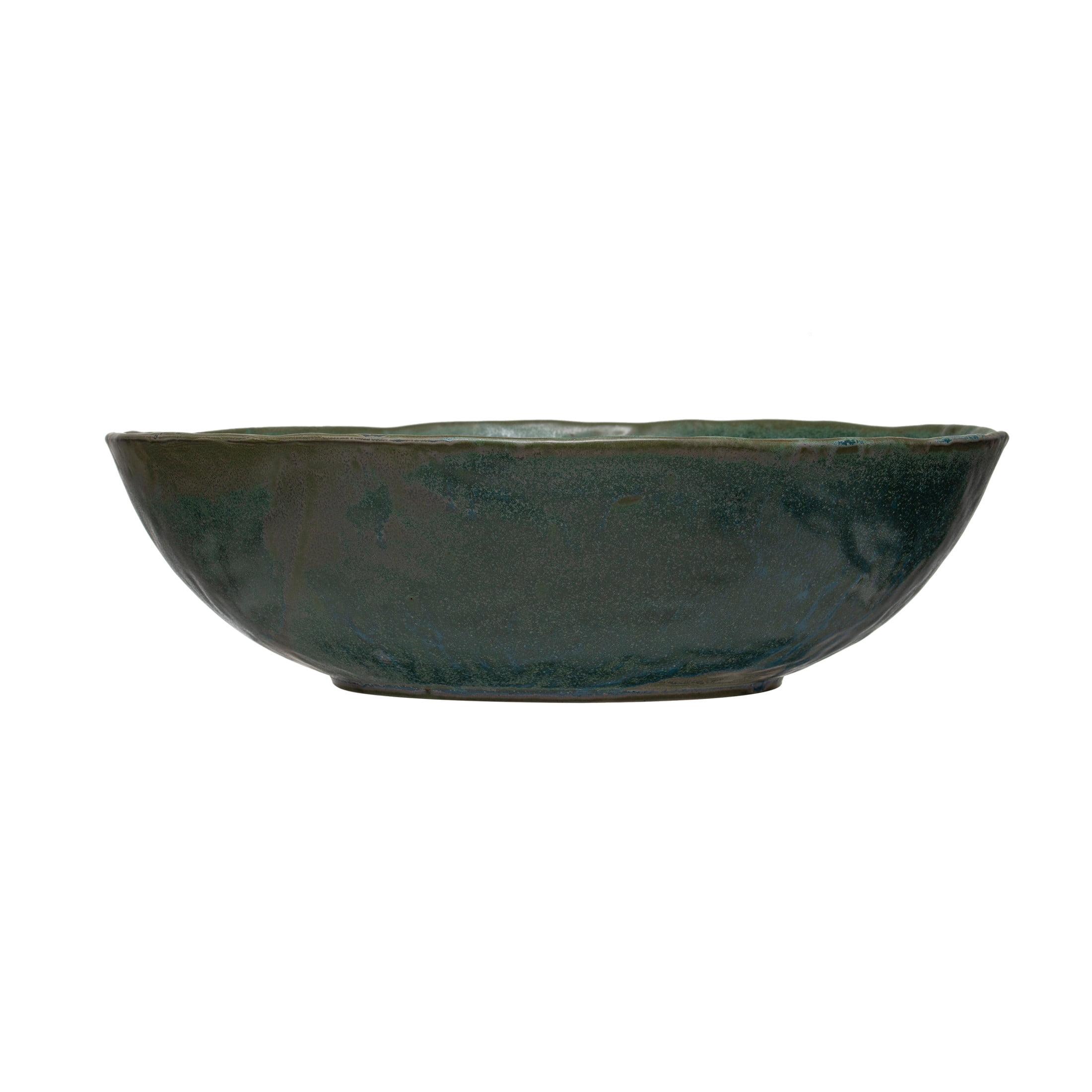 Matte Green Reactive Glaze Ceramic Serving Bowl, 14"