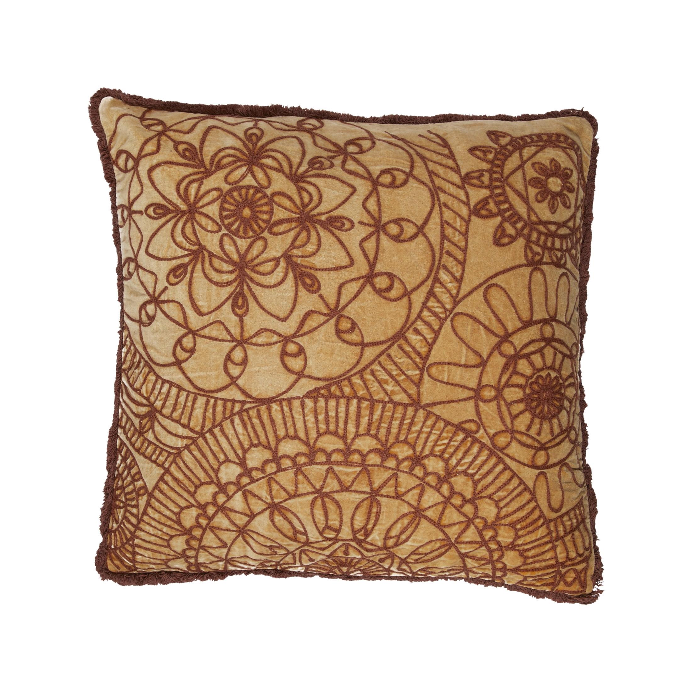 20'' Square Embroidered Cotton Velvet Pillow with Fringe