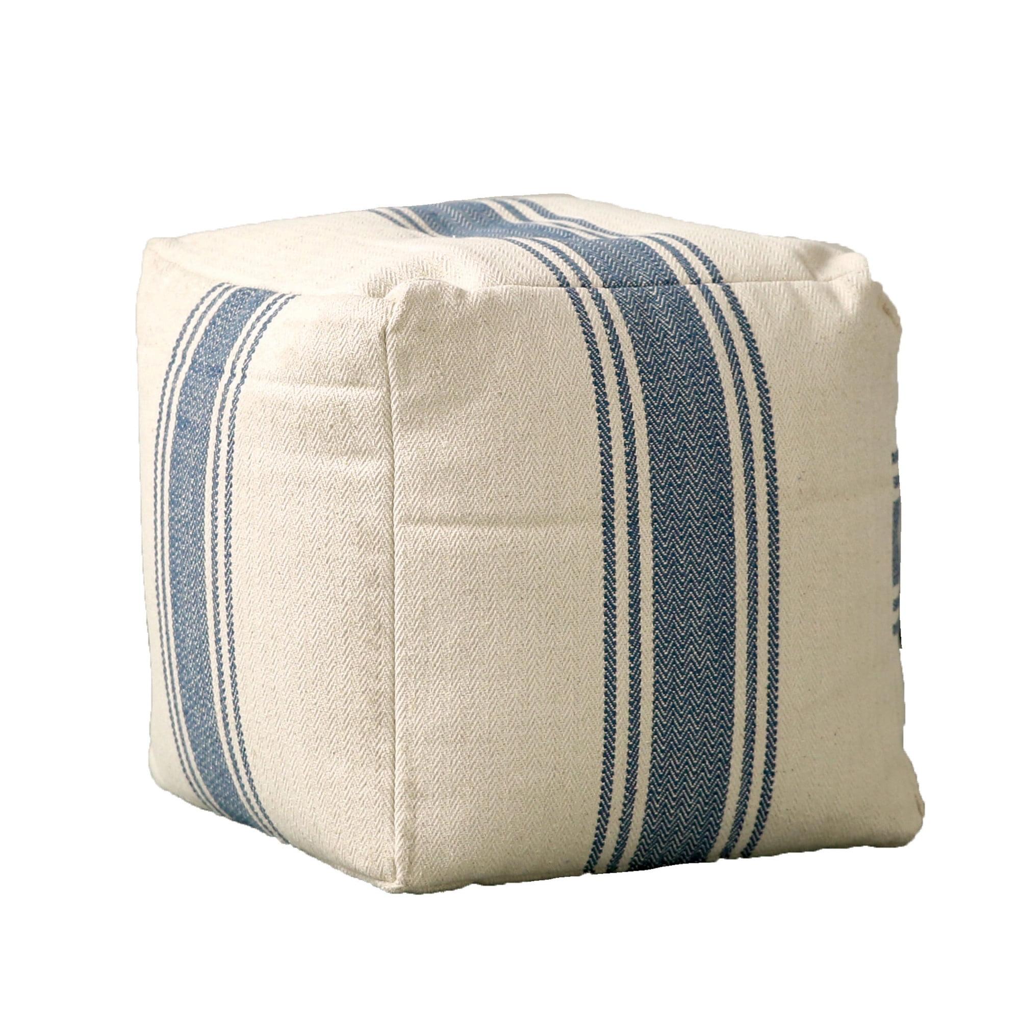 Creative Co-Op Striped Square Canvas Pouf, Blue