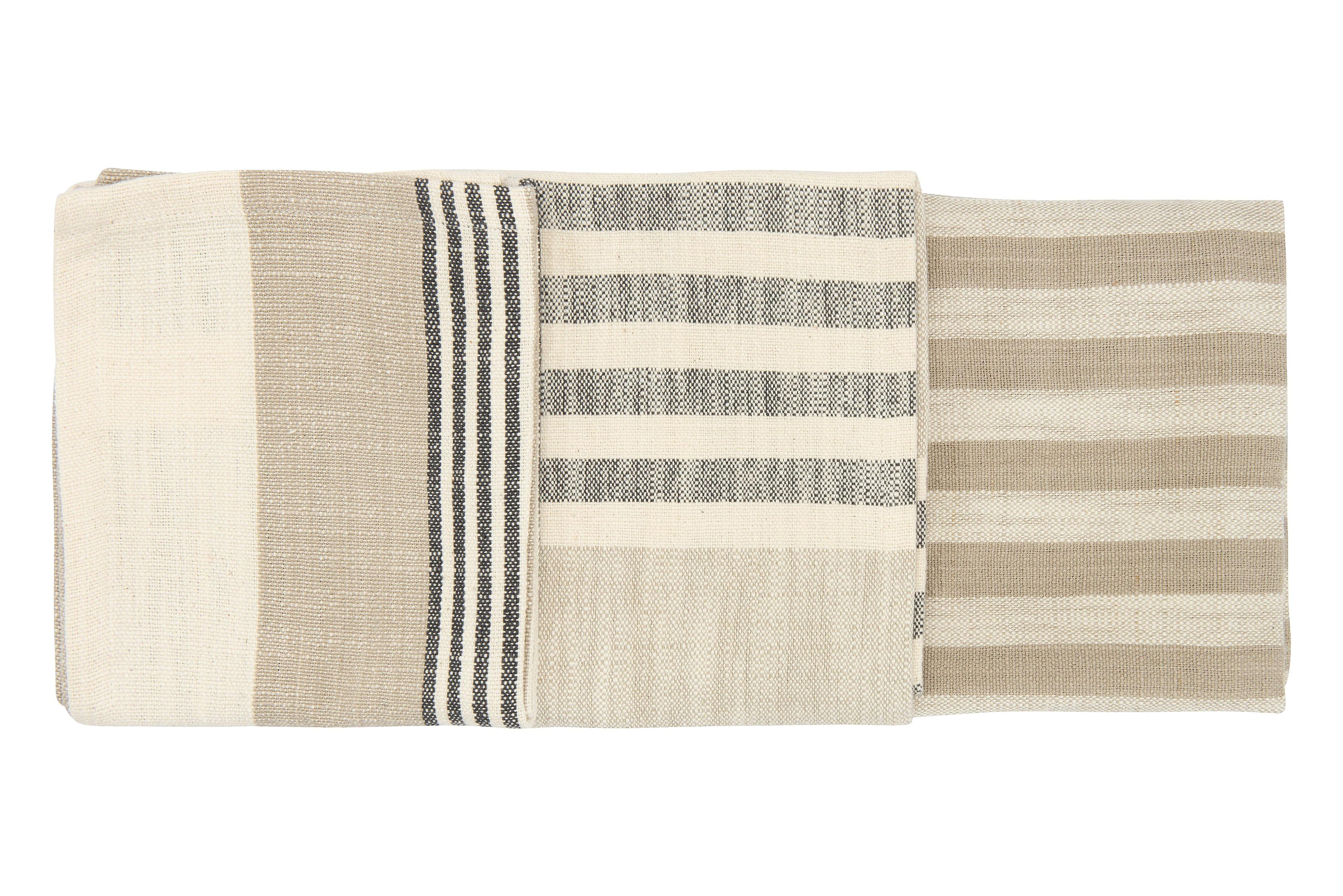 Tan and Grey Striped Cotton Tea Towels Set of 3