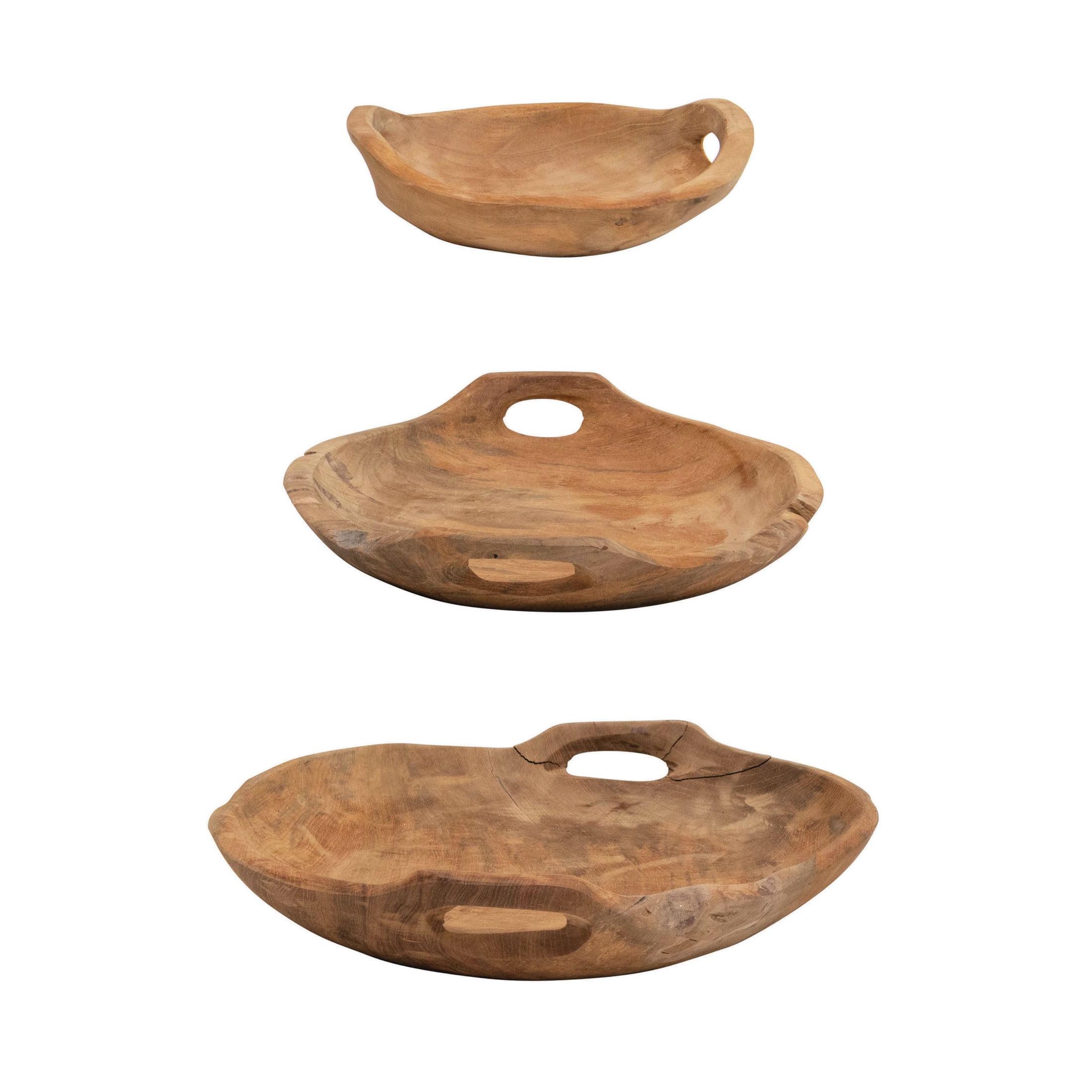 Creative Co-Op Teak Wood Bowls with Handles, Set of 3 (Each One Will Vary)