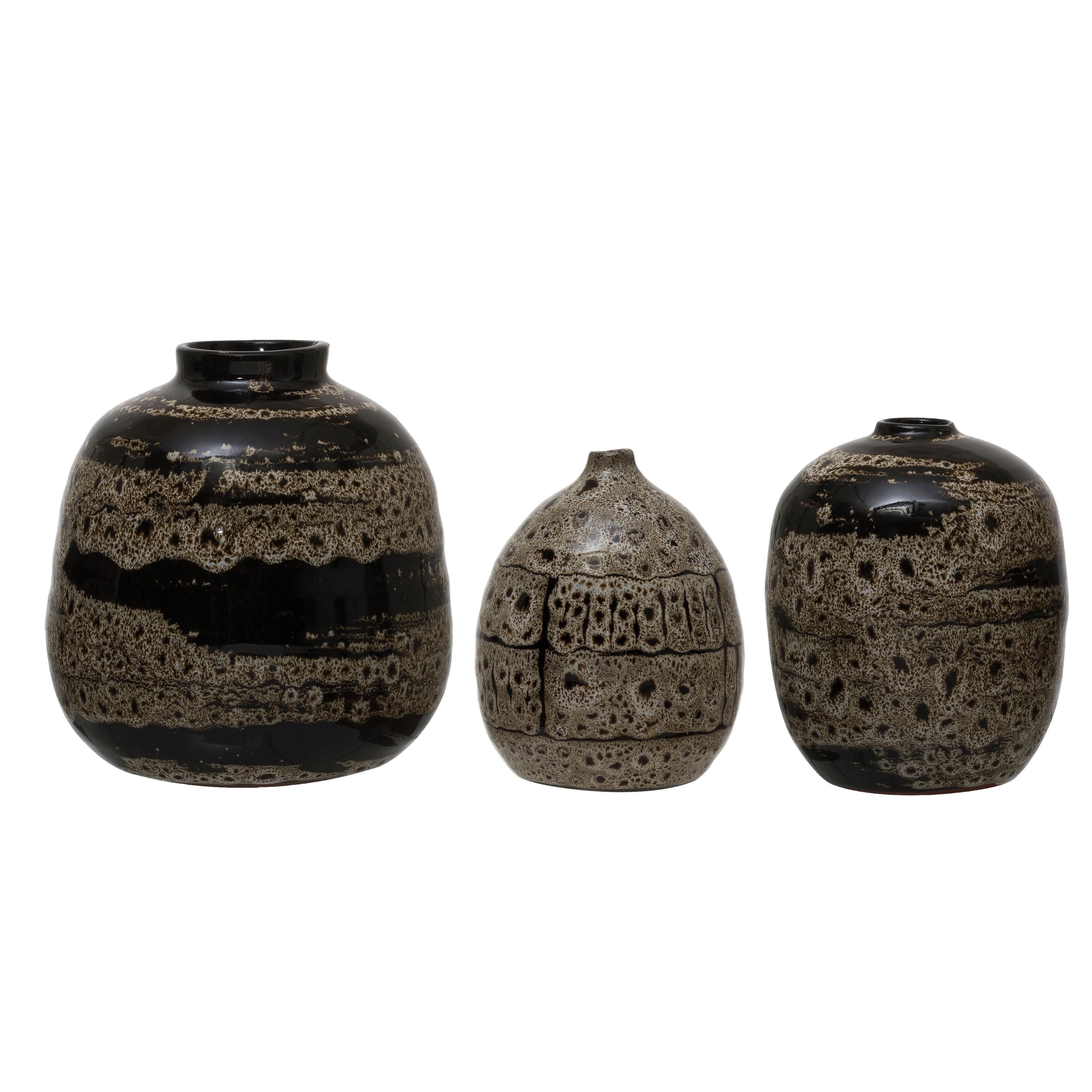 Rustic Distressed Brown Terra-Cotta Vase Trio with Reactive Glaze