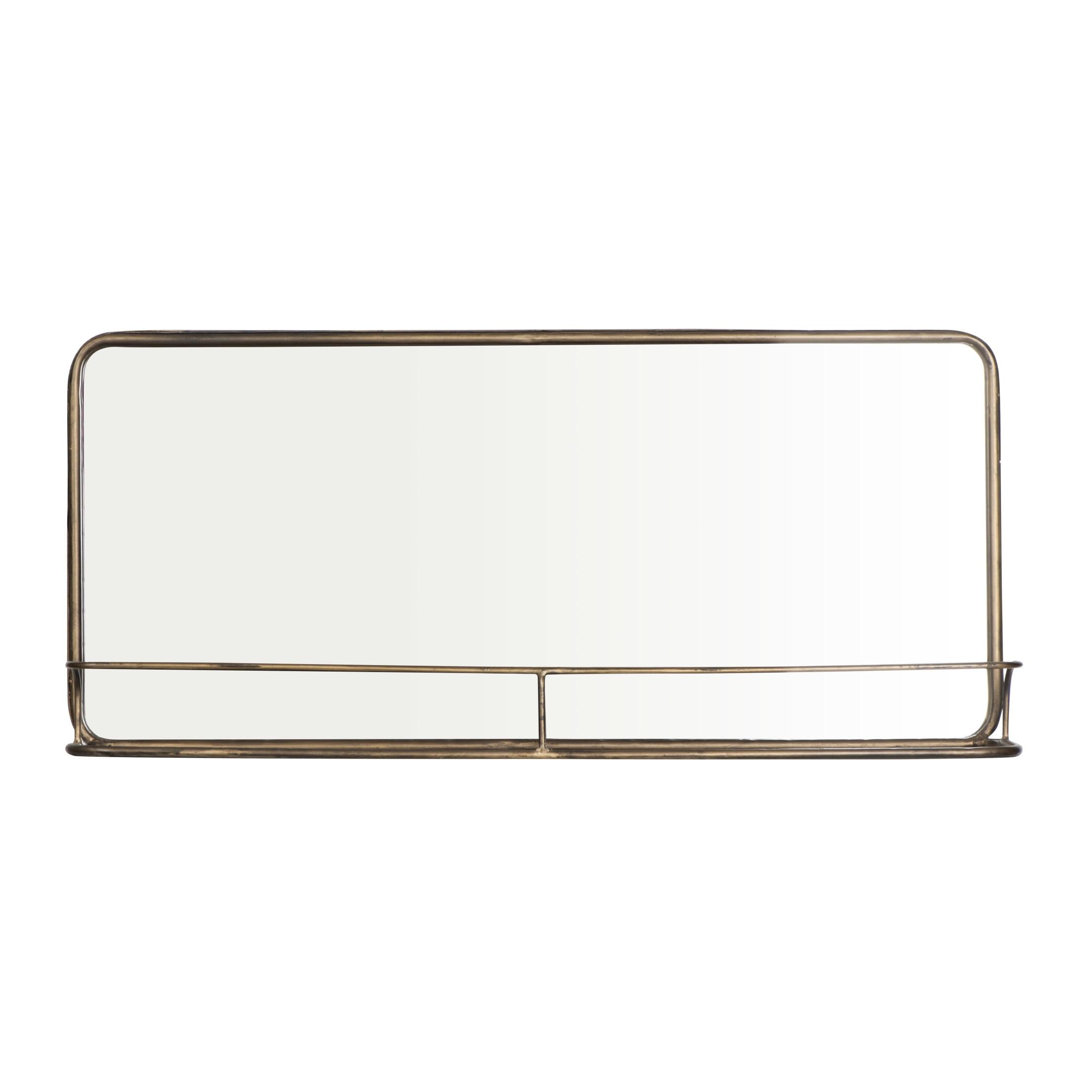 Brass Metal Framed Rectangular Wall Mirror with Shelf