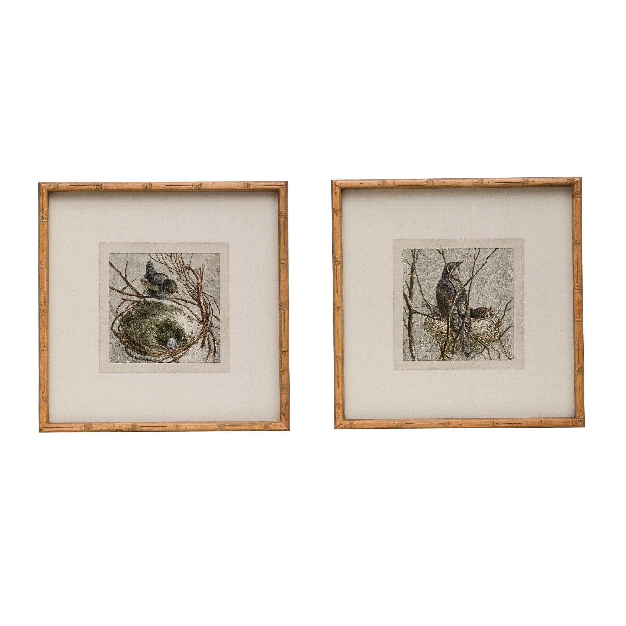 Storied Home (Set of 2) 18" Square Wood Framed Wall Arts with Bird and Nest : Modern Decor, Sawtooth Back Mount