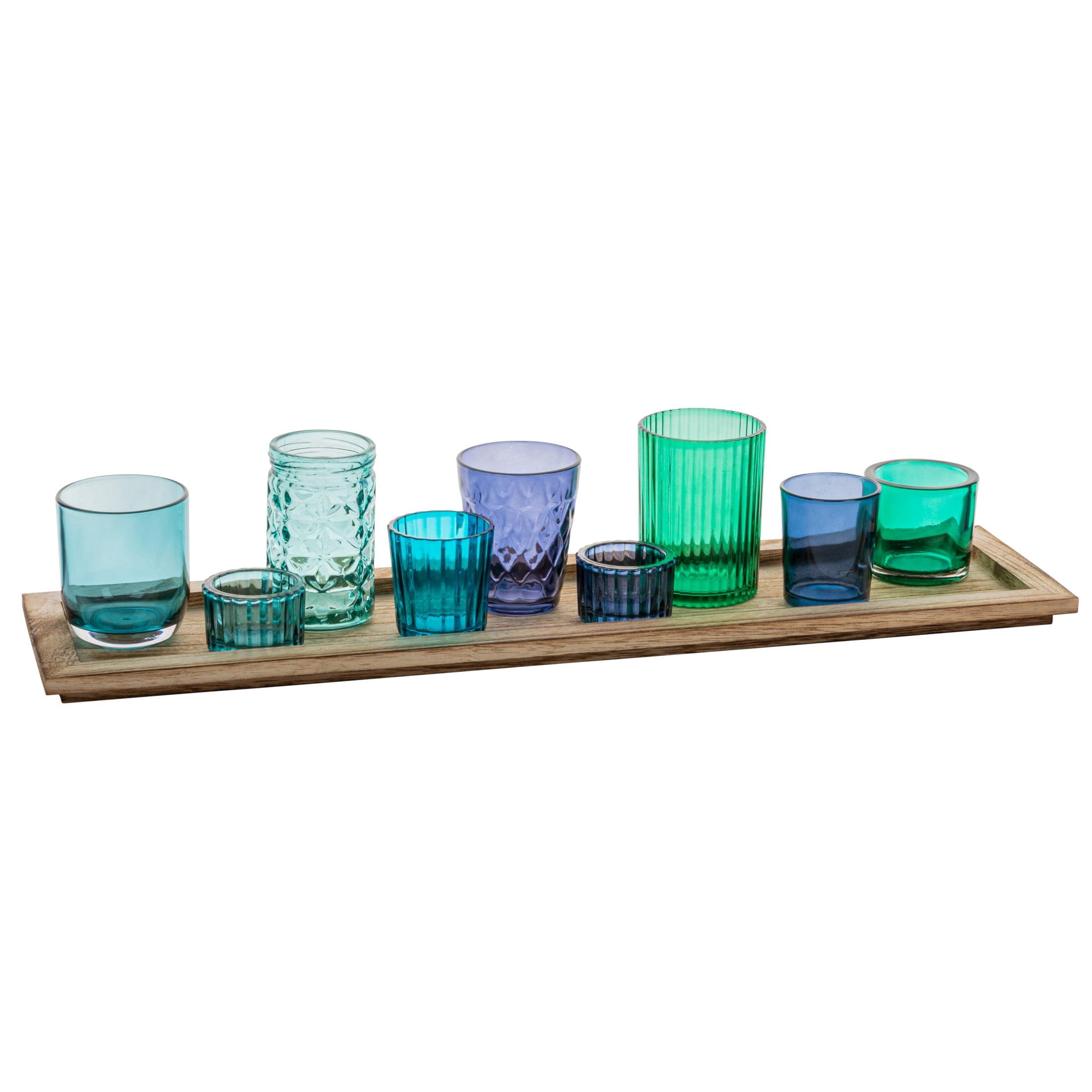 Oceanic Bliss Wood Tray with Blue & Green Glass Votive Set