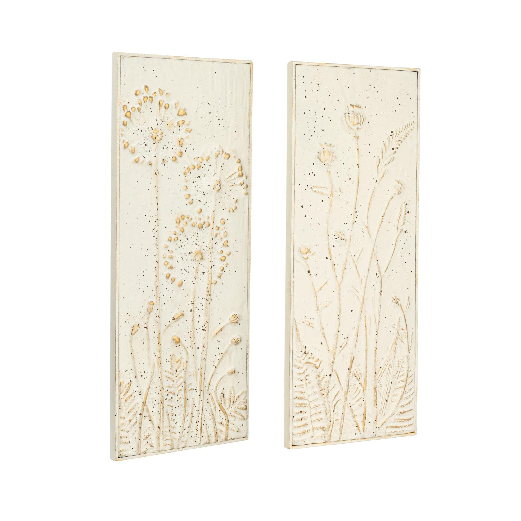 Aged White and Gold Floral Metal Wall Sculpture Set