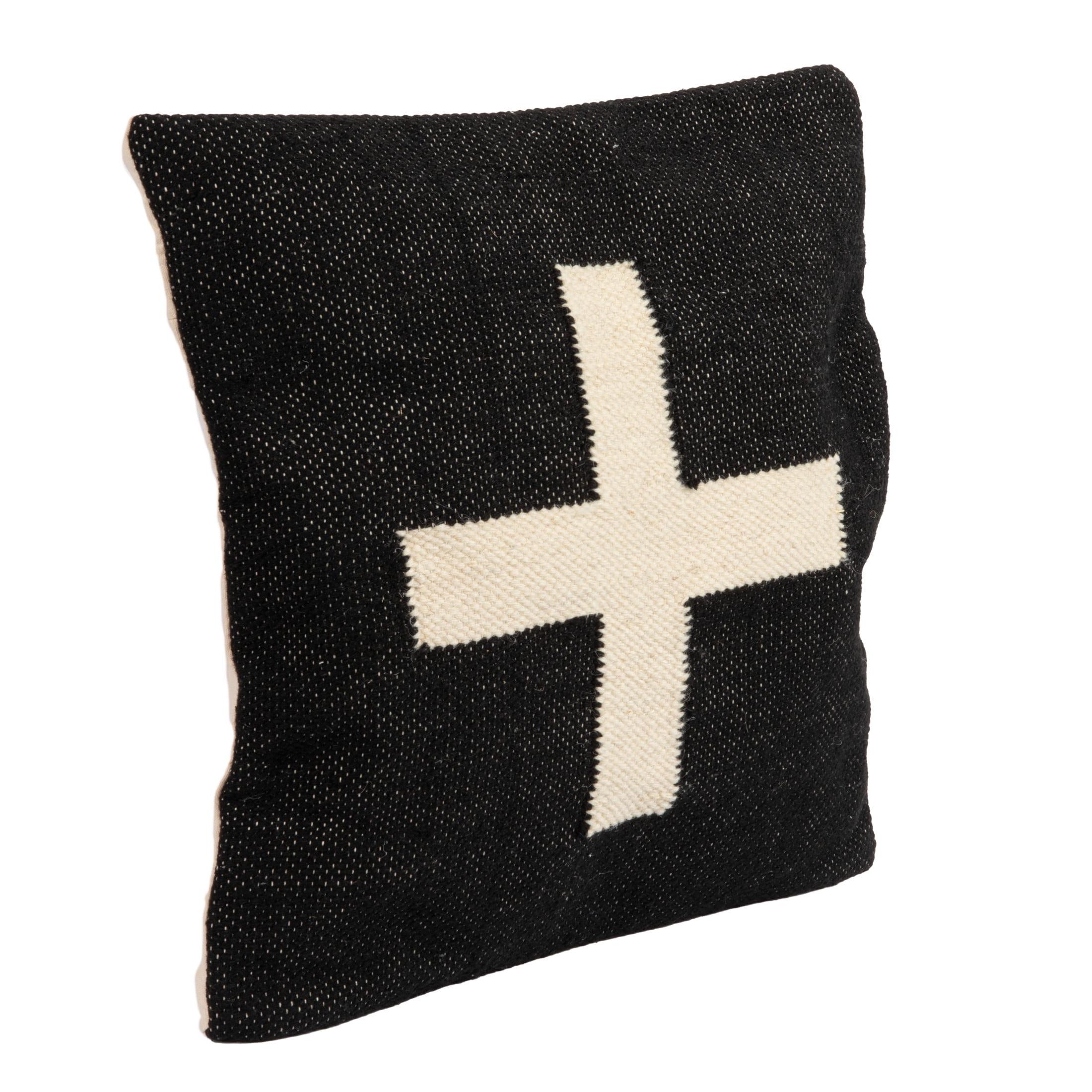 Creative Co-Op Wool Blend Pillow with Swiss Cross, Black and Cream