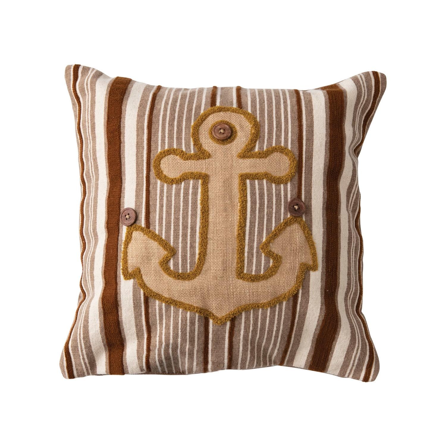 Square Brown and Beige Embroidered Anchor Pillow