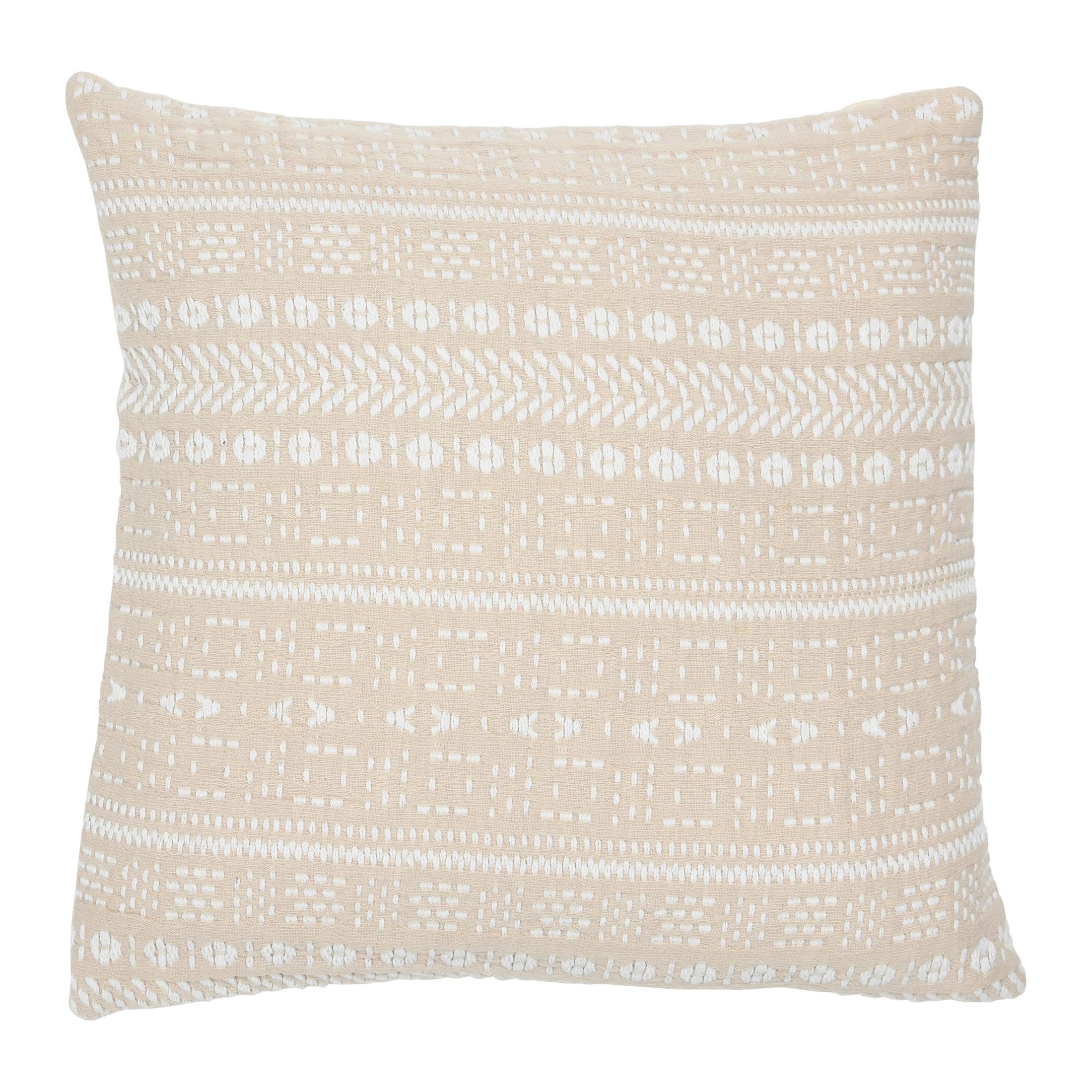 Beige and White Cotton Embroidered Square Throw Pillow