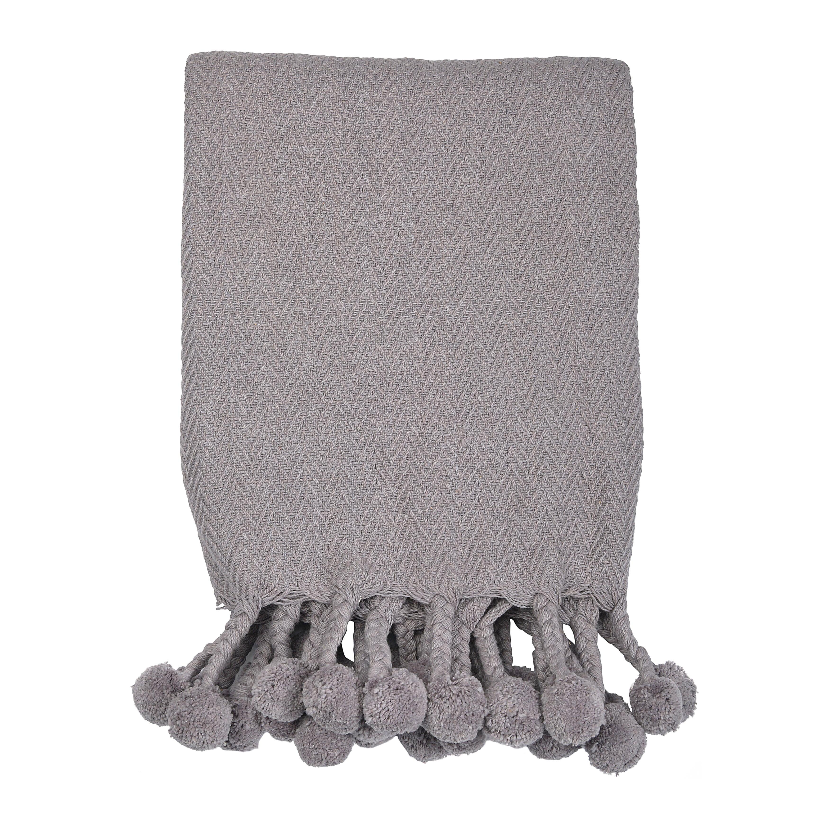 Playful Poms Gray Cotton Throw Blanket with Pom Pom Trim