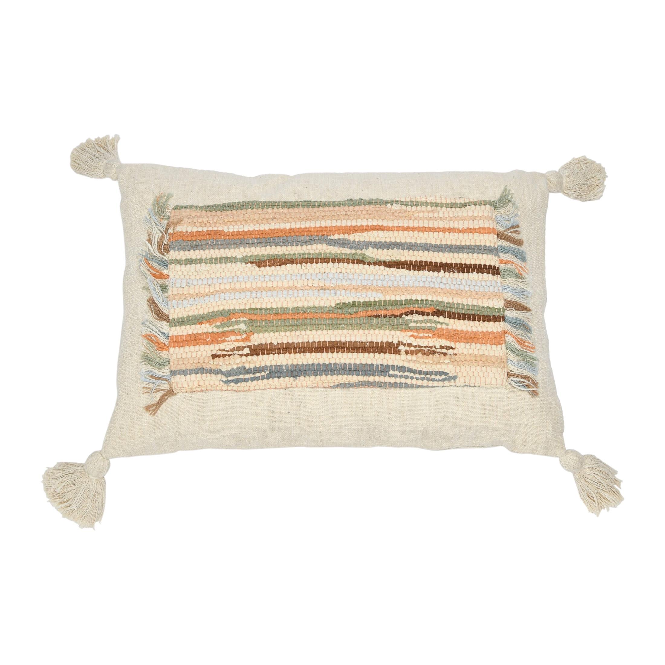 Multicolor Woven Cotton Slub Lumbar Pillow with Applique and Tassels