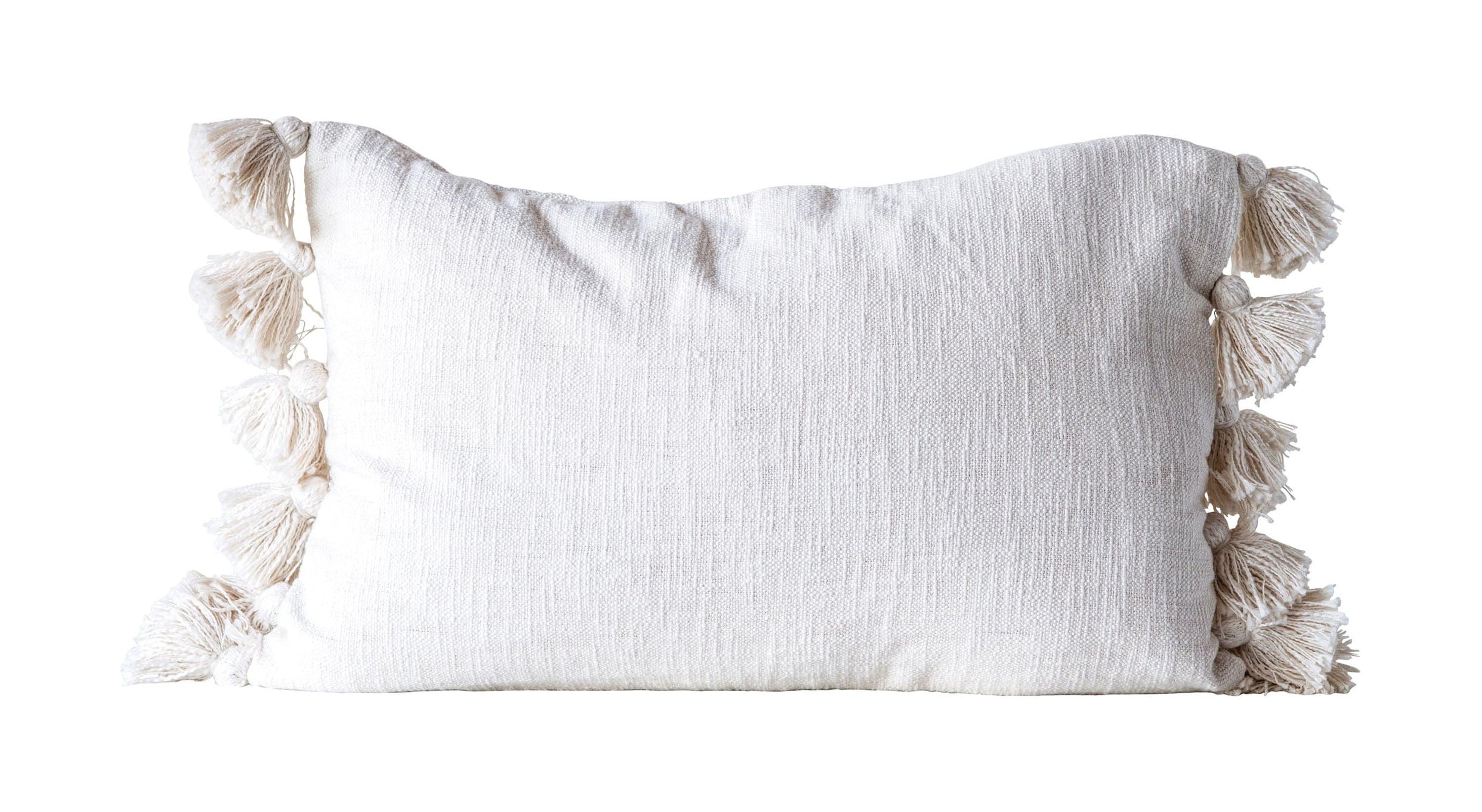 Cream Rectangular Cotton Slub Pillow with Tassels