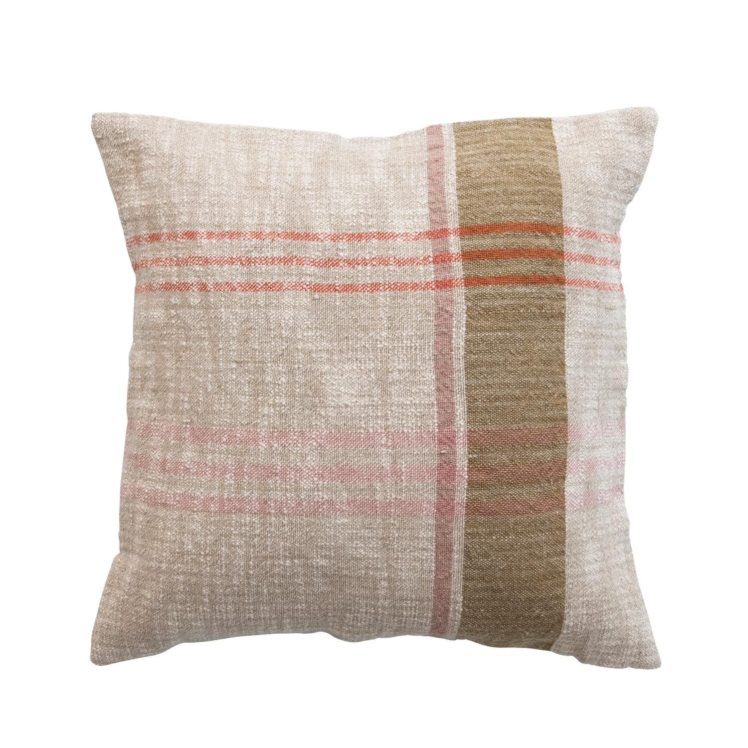 28'' Multicolor Cotton and Linen Plaid Throw Pillow