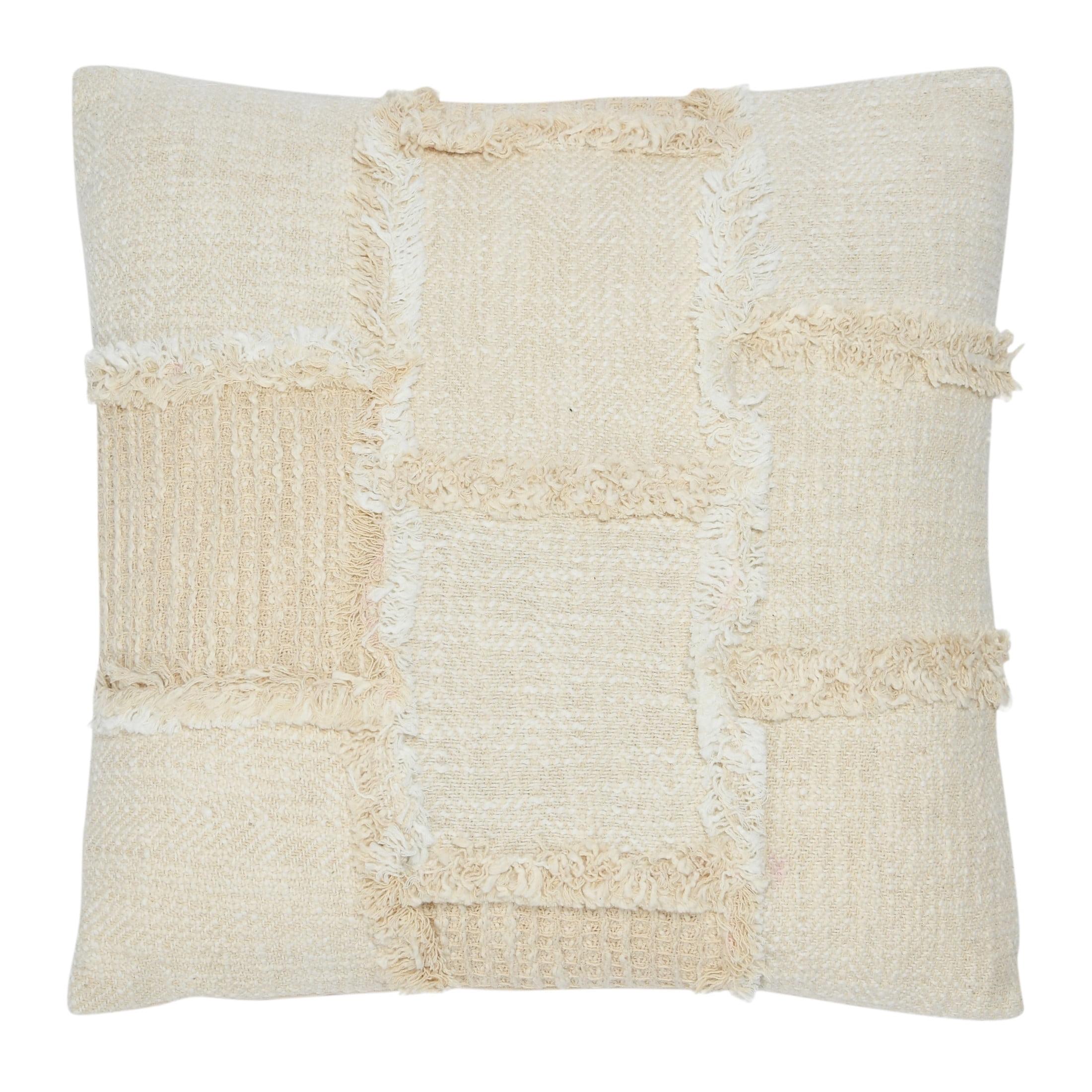 18" Beige Cotton and Wool Patchwork Pillow with Frayed Edges