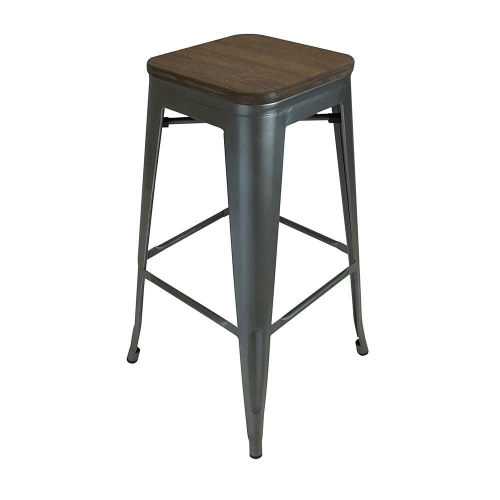 Gunmetal Gray 30" Industrial Metal Stool with Wood Seat