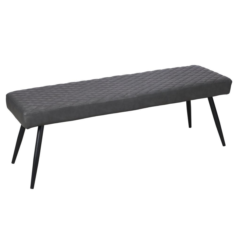 Dark Gray Faux Leather Upholstered Dining Bench with Black Metal Legs