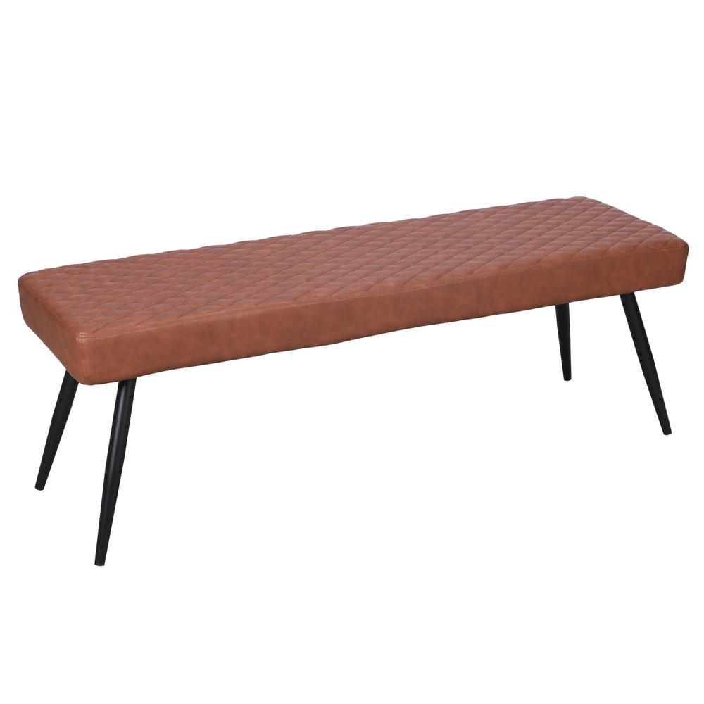 Cognac Upholstered Faux Leather Dining Bench with Black Sanded Metal Legs