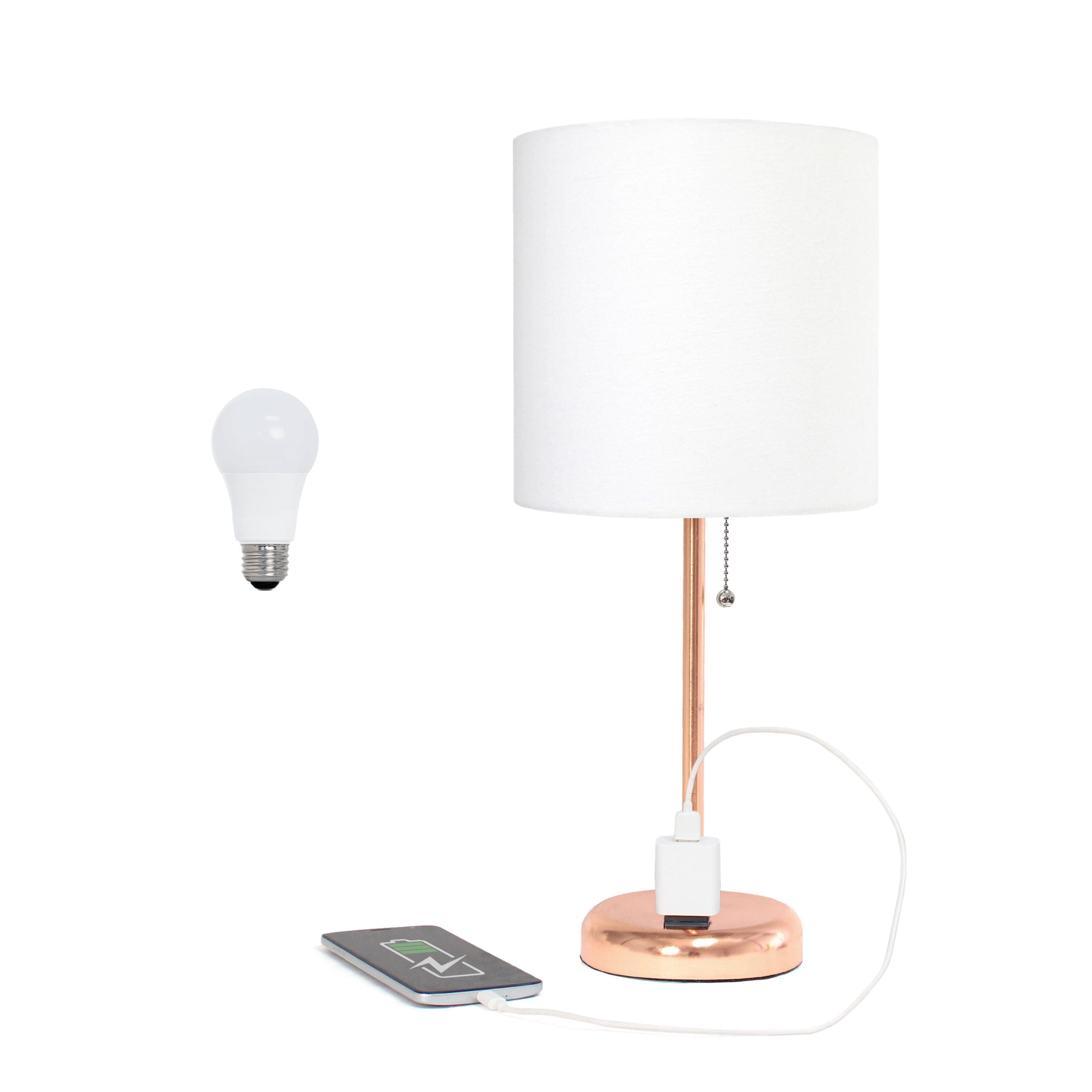 Creekwood Home Oslo 19.5" Power Outlet Base Metal Table Desk Lamp in Rose Gold with Feit LED (Includes LED Light Bulb) White