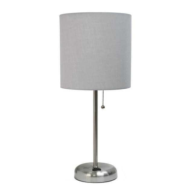 Creekwood Home 19.5" Bedside Power Outlet Base Metal Table Desk Lamp Brushed Steel with Fabric Shade Gray : College Dorm, Pull Chain