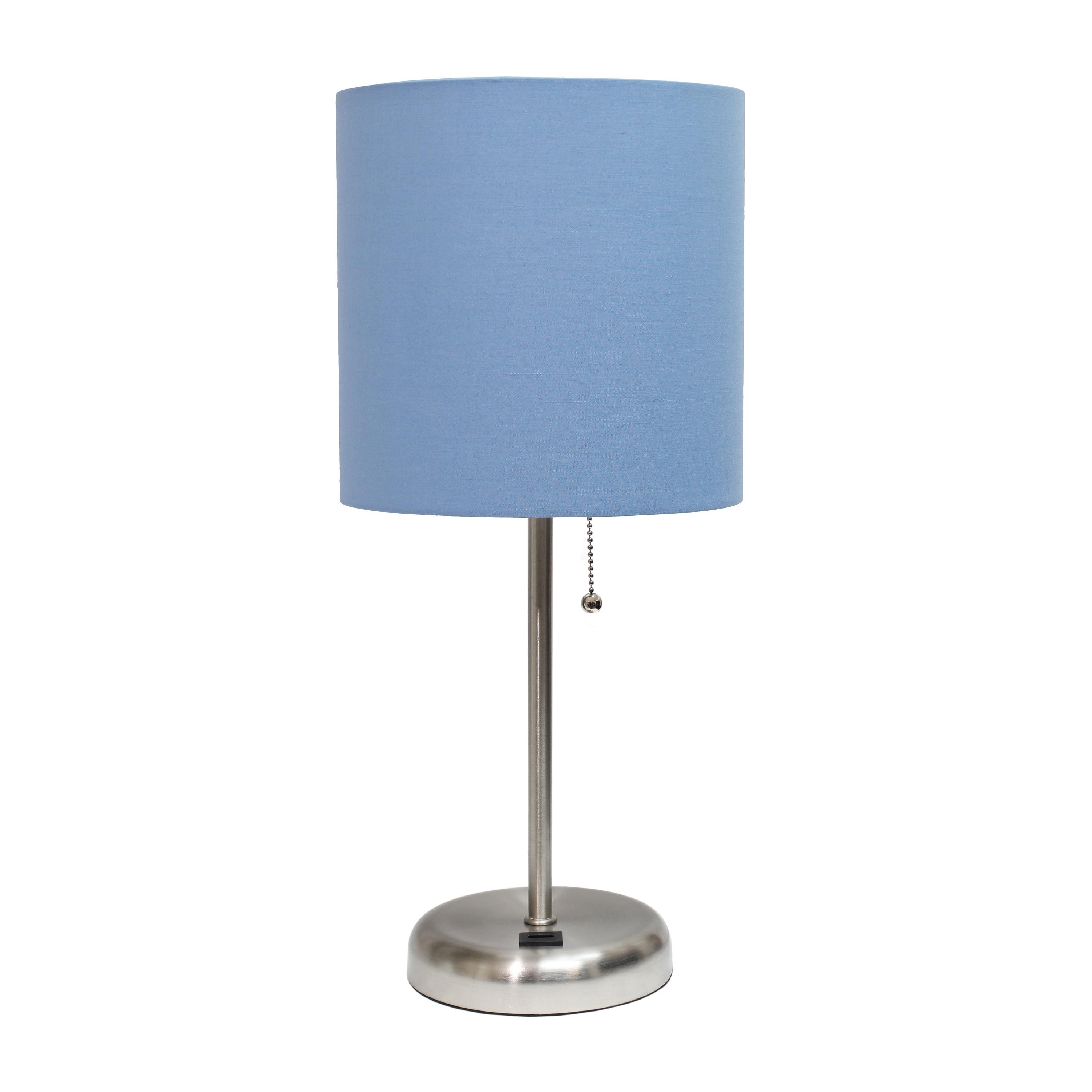 Creekwood Home Oslo 19.5" Contemporary Bedside USB Port Feature Standard Metal Table Desk Lamp in Brushed Steel with Blue Drum Fabric Shade for Home Décor, Bedroom, End Table, Living Room, Dorm