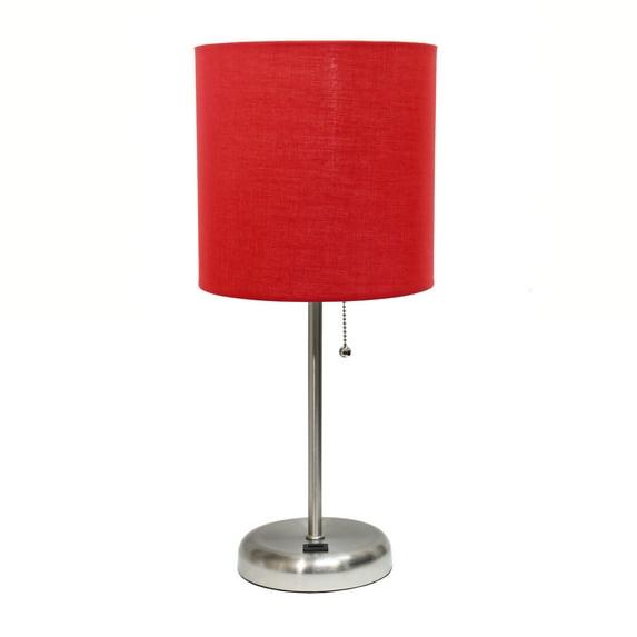 Creekwood Home 19.5" Bedside USB Port Feature Metal Table Desk Lamp Brushed Steel with Red Fabric Shade