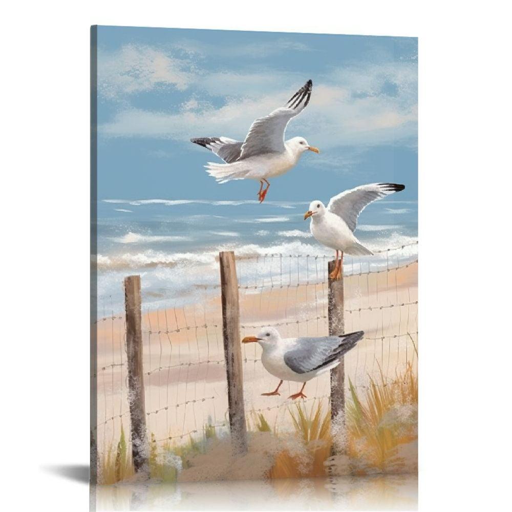 ARTZON Beach Wall Art Bathroom Decor Ocean Theme Canvas Print Coastal Painting Perching Bird by The Sea Shore Abstract Seascape Picture Framed Artwork for Bedroom Living Room Office Ready to Hang 12x16inch