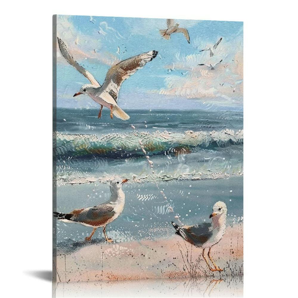 ARTZON Beach Wall Art Bathroom Decor Ocean Theme Canvas Print Coastal Painting Perching Bird by The Sea Shore Abstract Seascape Picture Framed Artwork for Bedroom Living Room Office Ready to Hang 12x16inch