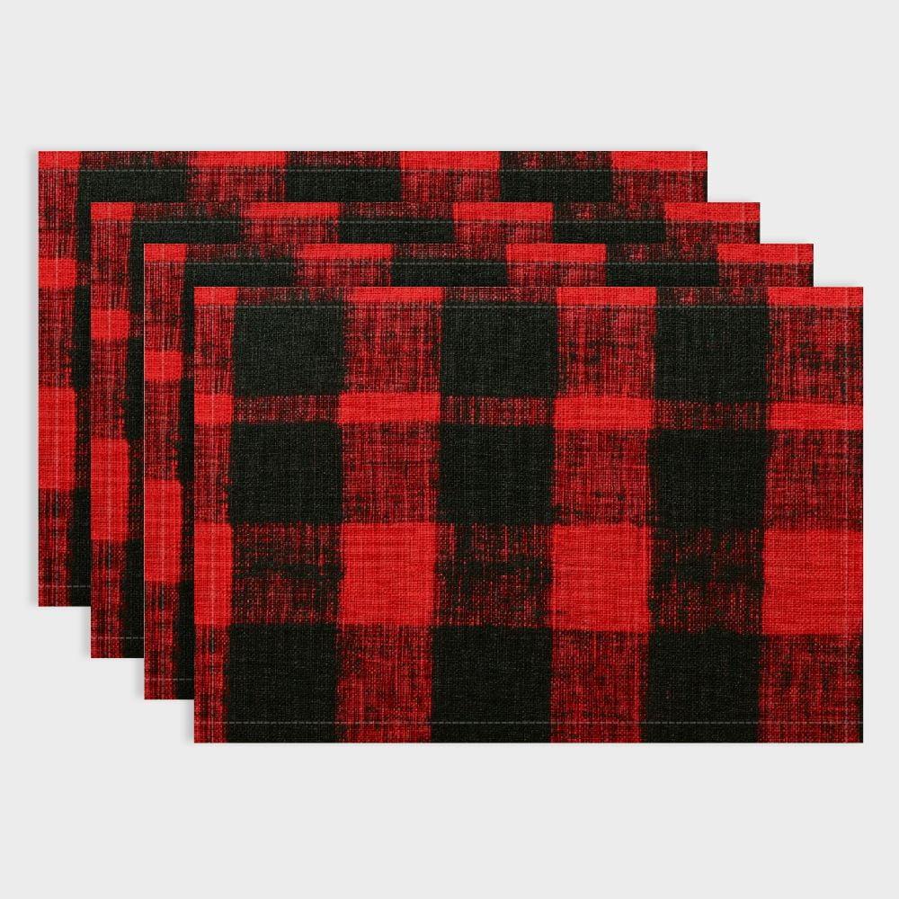 Red and Black Buffalo Plaid Reversible Cotton Burlap Placemats Set of 4