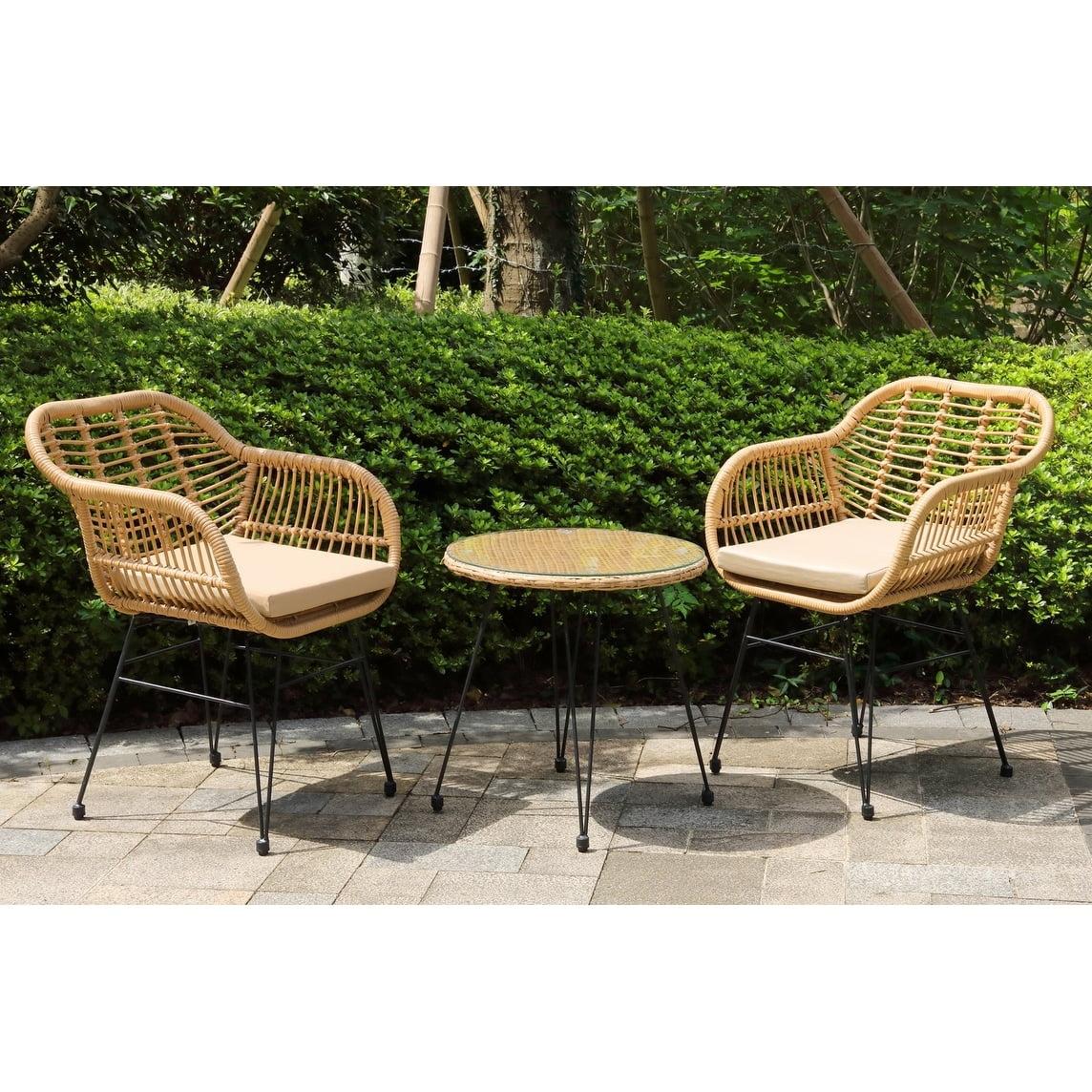 Beige Wicker 3-Piece Outdoor Patio Bistro Set with Cushions